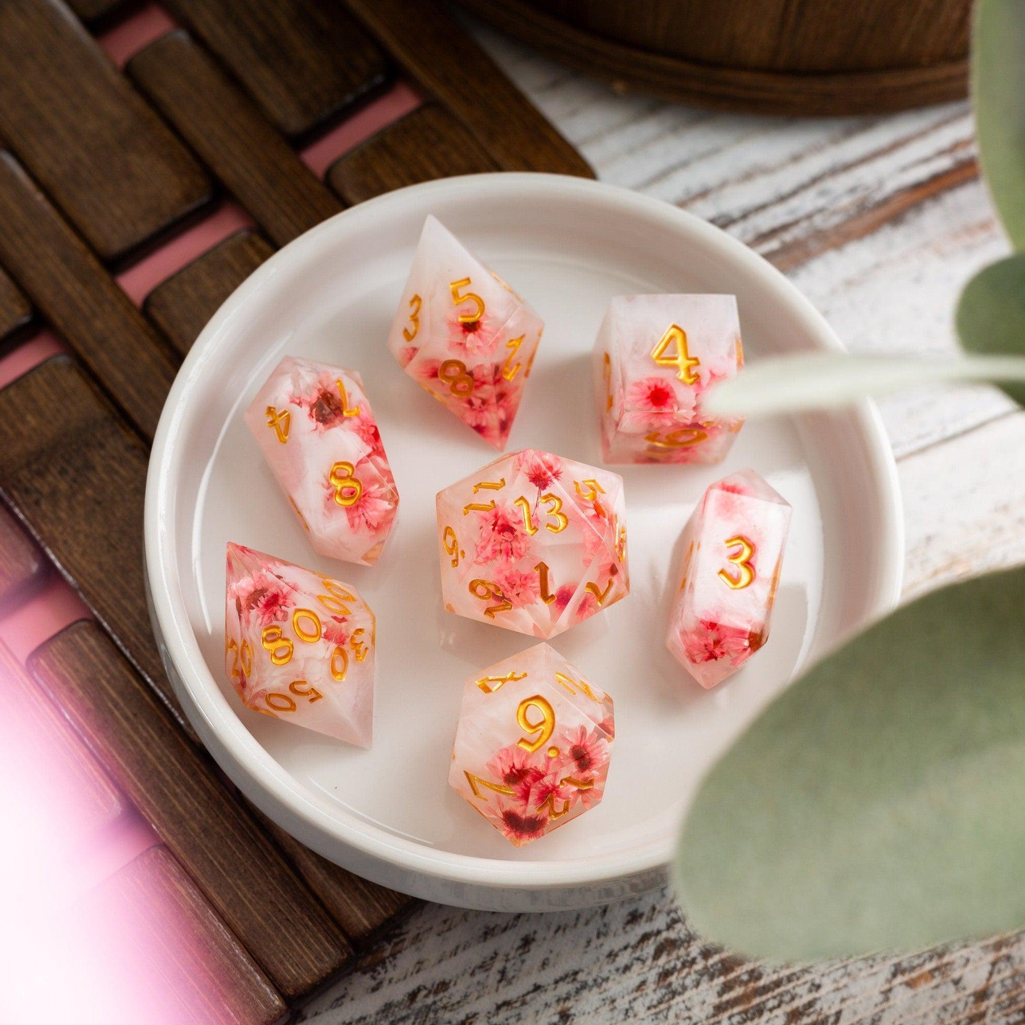 Pink Blossom Handmade Resin DND Dice Set | Resin Dice | Wiccan Center