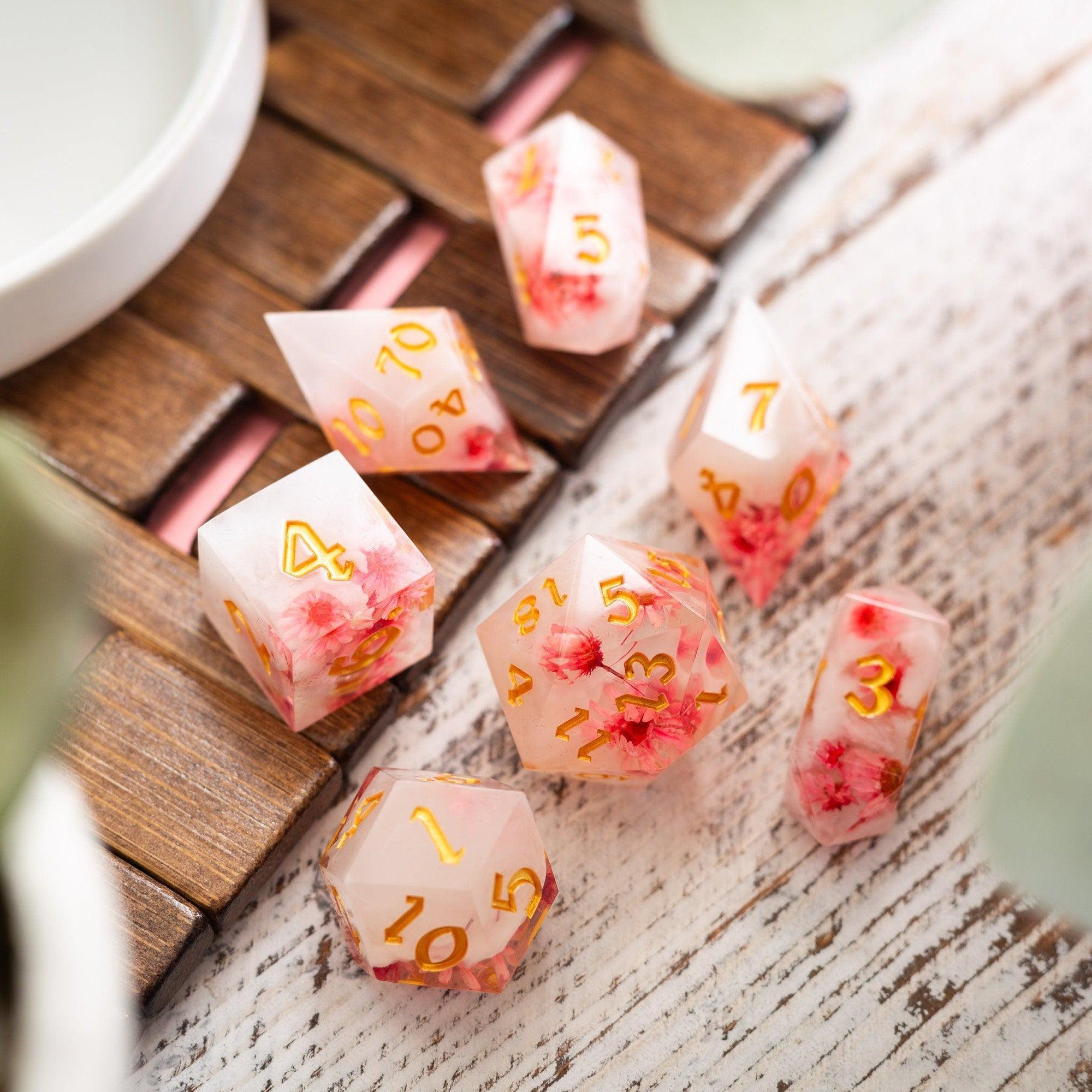 Pink Blossom Handmade Resin DND Dice Set | Resin Dice | Wiccan Center