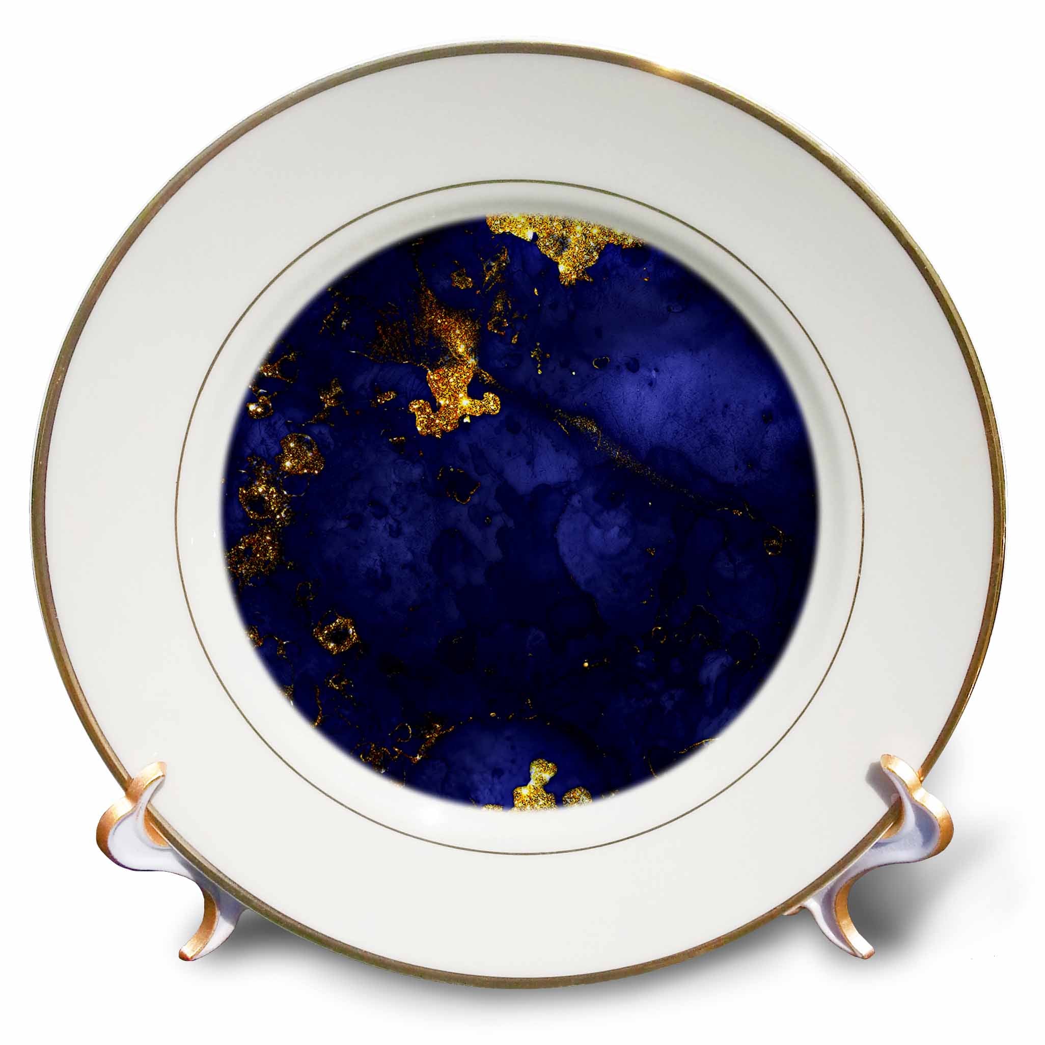 3dRose Uta Naumann Faux Glitter Pattern - Art Print of Blue and Gold Marble Agate Gem Mineral Indigo Quartz - Plates