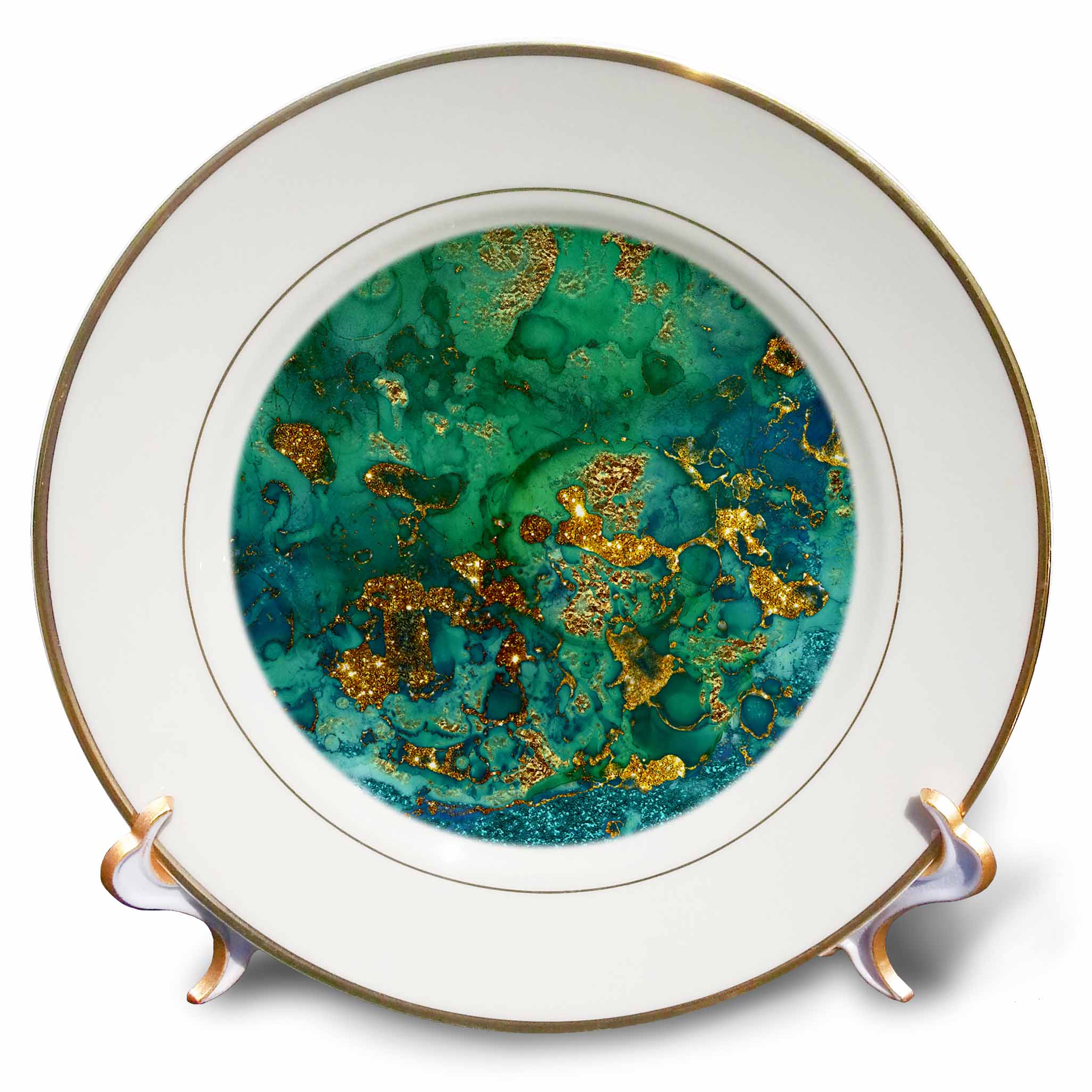 3dRose Uta Naumann Faux Glitter Pattern - Art Print of Green Indigo Gold Marble Agate Mineral Malachite Quartz - Plates