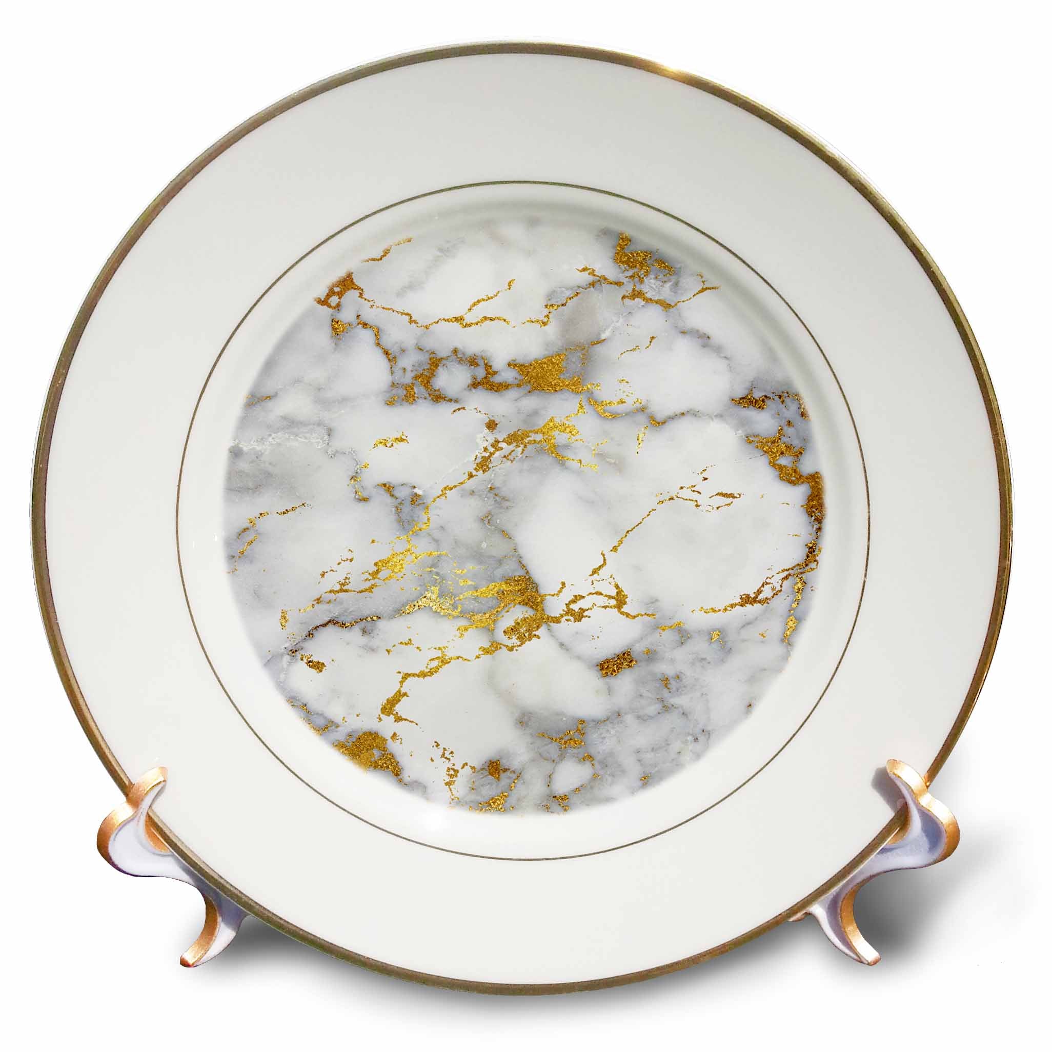 3dRose Uta Naumann Faux Glitter Pattern - Art Print of White Gold Marble Agate Gem Mineral Malachite Quartz - Plates