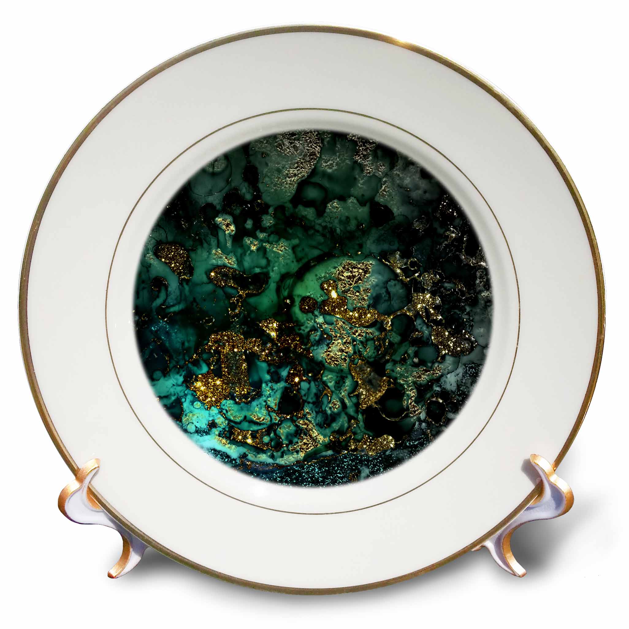 3dRose Uta Naumann Faux Glitter Pattern - Art print of Dark Green Indigo Gold Marble Agate Malachite Quartz - Plates