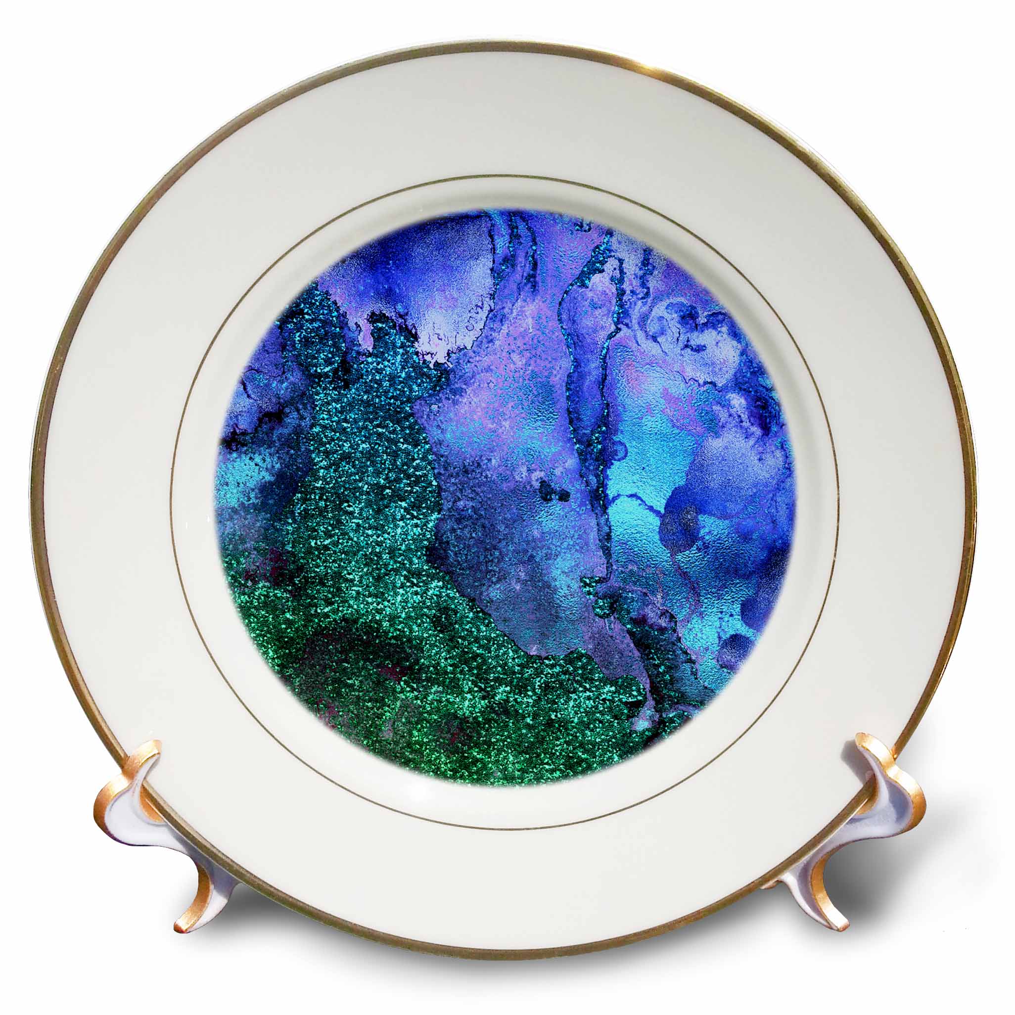 3dRose Uta Naumann Faux Glitter Pattern - Image of Trendy Indigo Blue and Green Glitter Ink Metal Marble Agate - Plates
