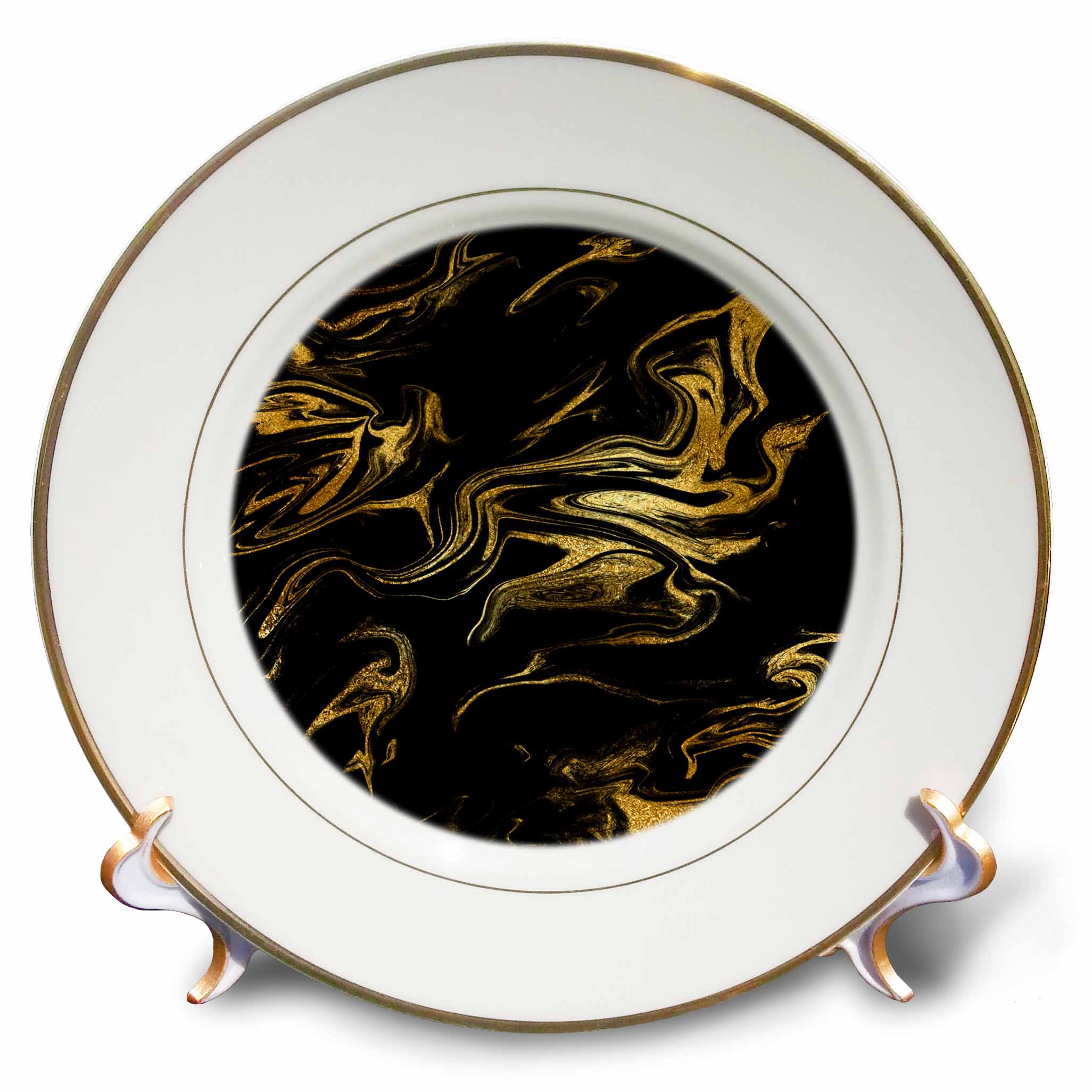 3dRose Uta Naumann Faux Glitter Pattern - Image of Chic Trendy Gold Glitter Veins on Black Marble Agate Gemstone - Plates
