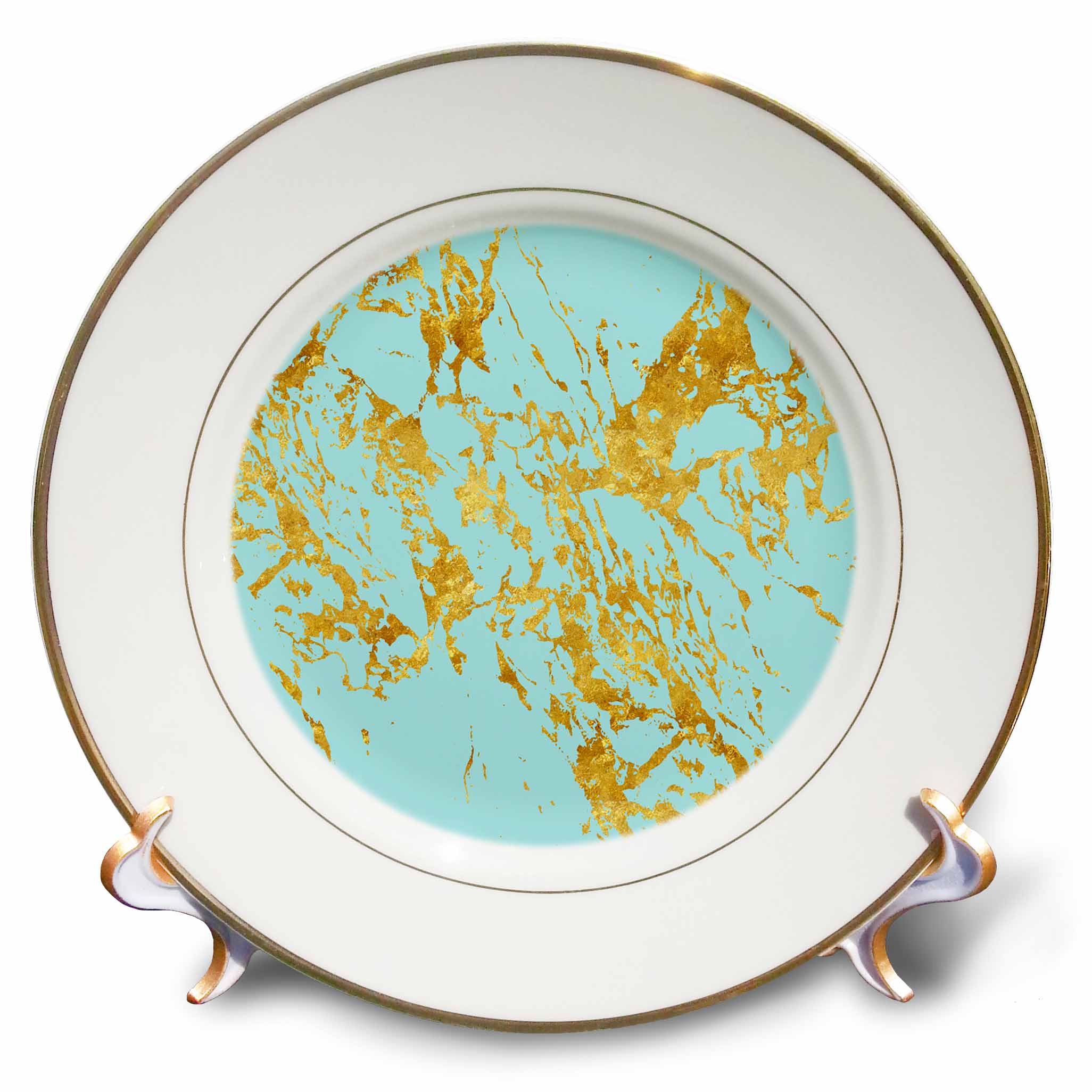 3dRose Uta Naumann Faux Glitter Pattern - Art print of Chic Trendy Gold Glitter Veins on Teal Marble Agate Quartz - Plates