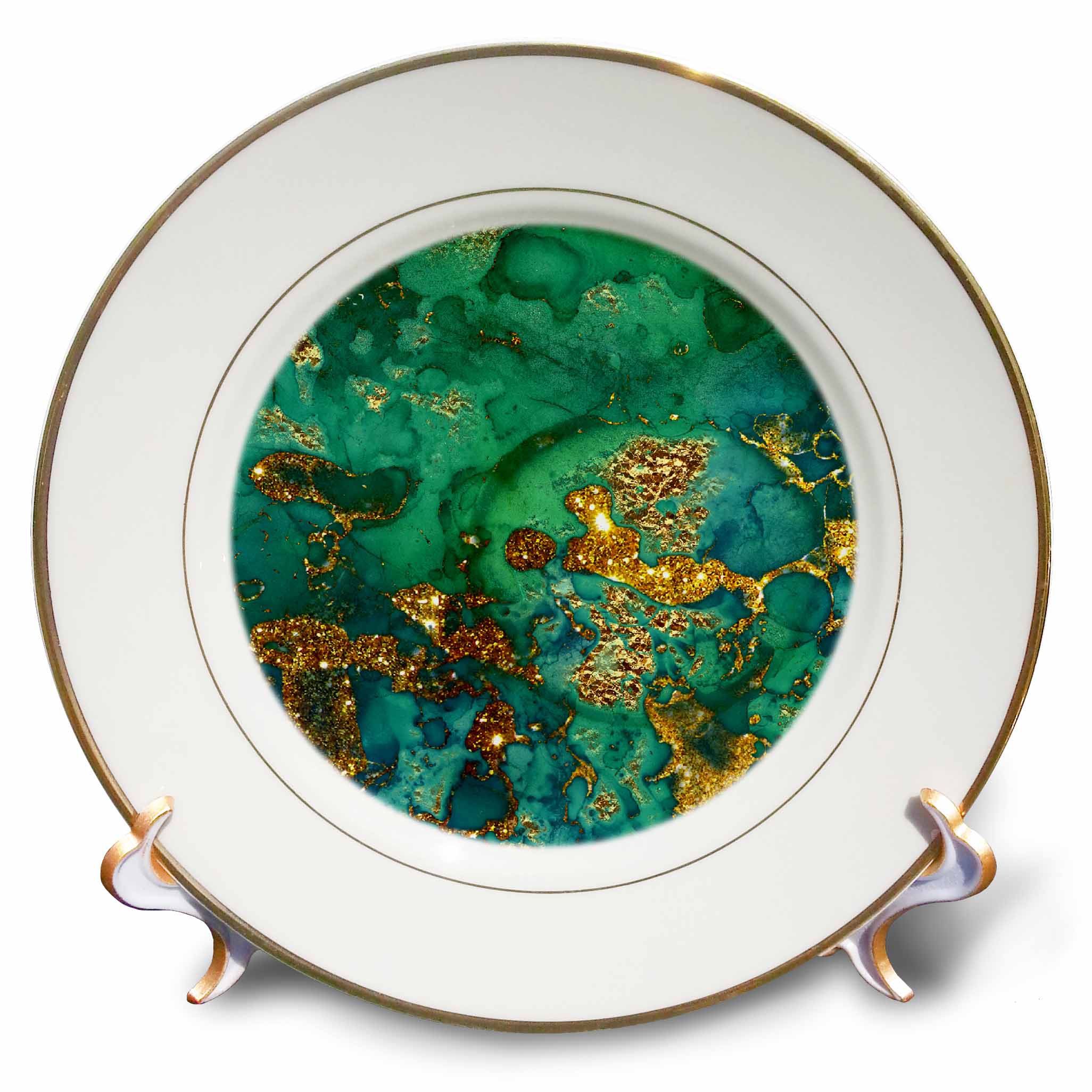 3dRose Uta Naumann Faux Glitter Pattern - Image of Chic Trendy Green and Gold Marble Agate Gemstone Quartz - Plates (cp_319642)