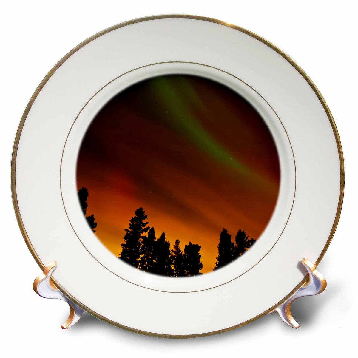 3dRose Canada, Manitoba, Birds Hill Provincial Park. Aurora borealis, trees - Plates (cp_329750)