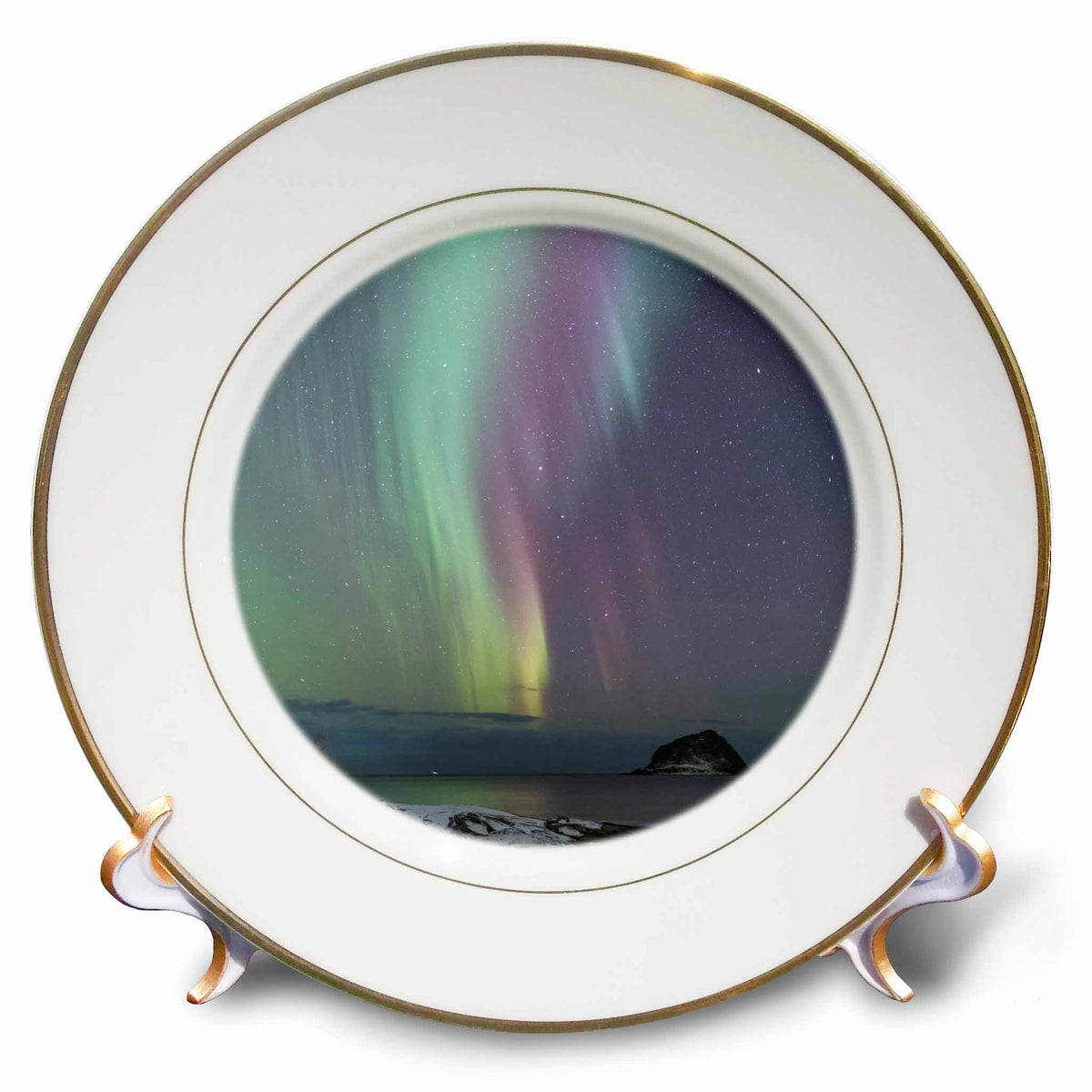 3dRose Norway, Lofoten Islands, Vestvag Island, Leknes. Aurora borealis. - Plates (cp_330397)