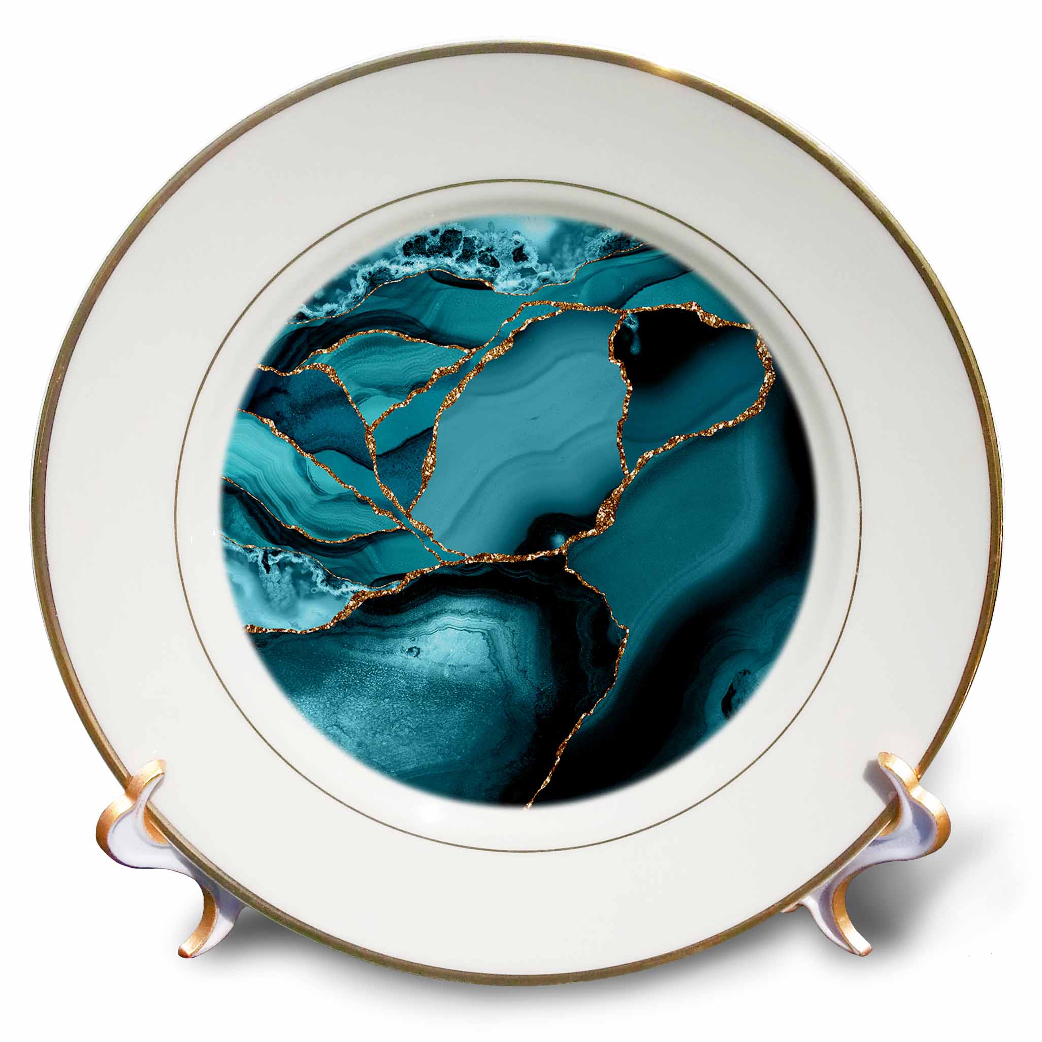 3dRose Illustration from Ice Blue Marble Agate Texture with Gold Veins - Plates (cp_338740)
