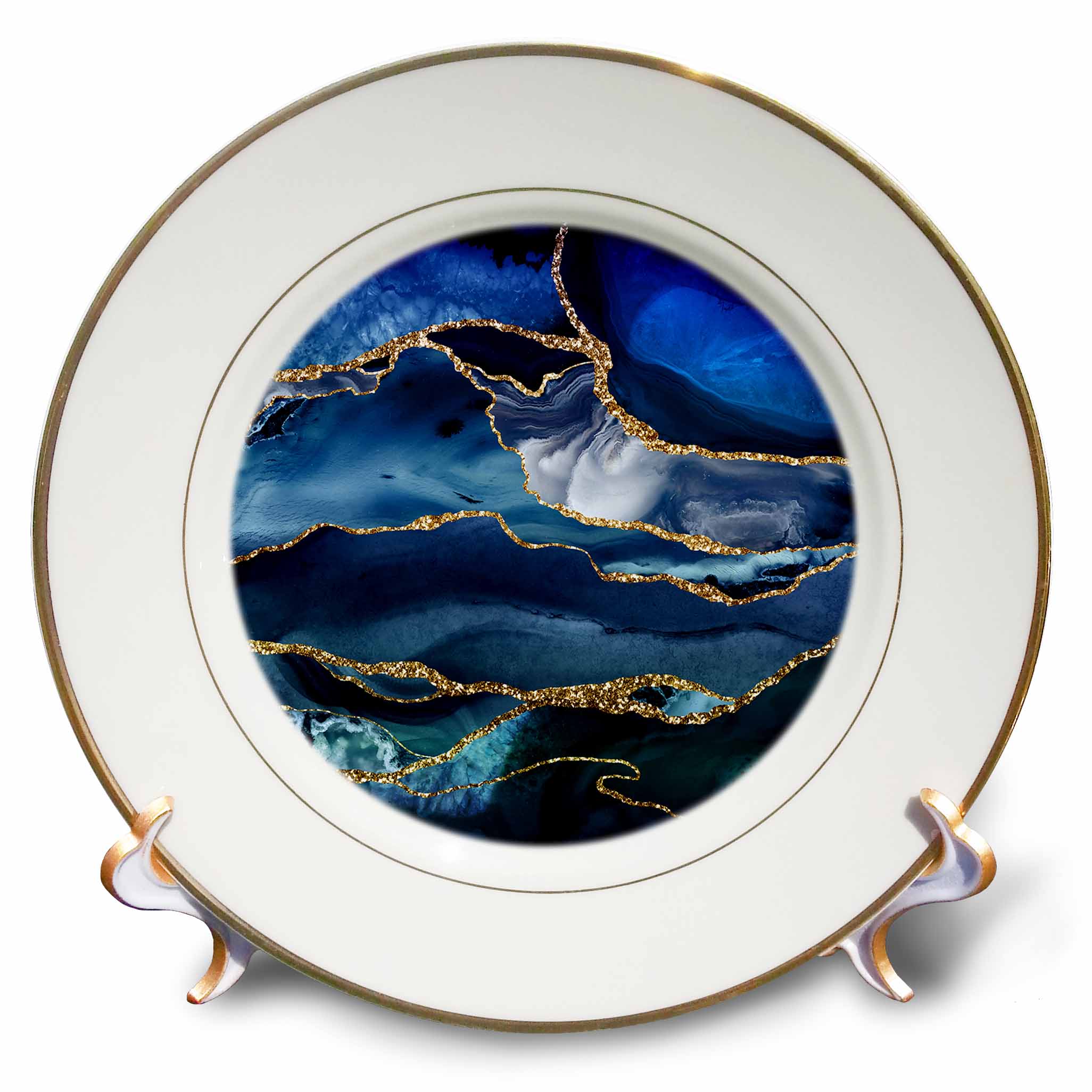 3dRose Illustration from Classic Blue Marble Agate Texture with Gold Veins - Plates (cp_338742)