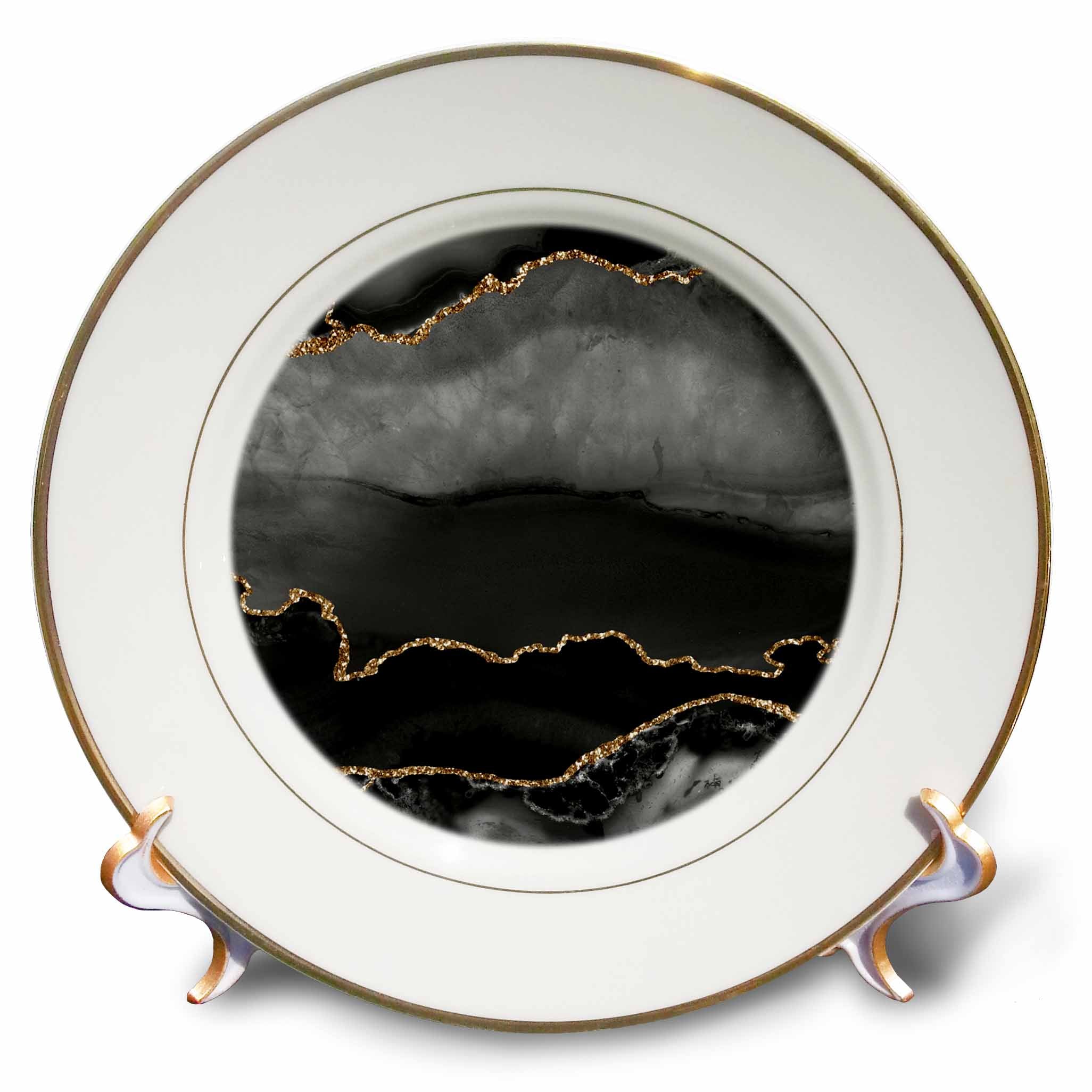 3dRose Modern Black and Image Of Gold Abstract Agate Pattern - Plates (cp_340231)