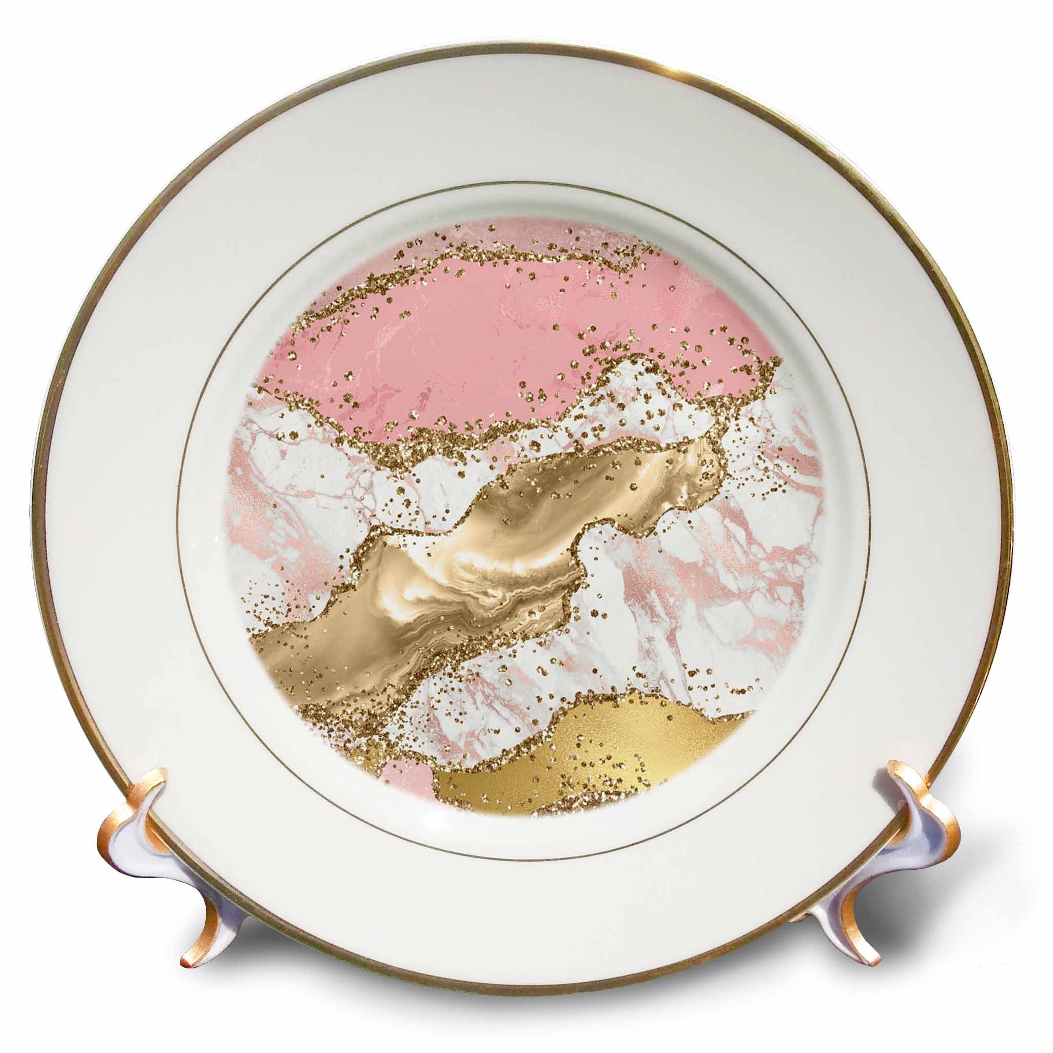 3dRose Glam Pink and Image of Gold Glitter Image of Marble Agate Design - Plates (cp_342818)