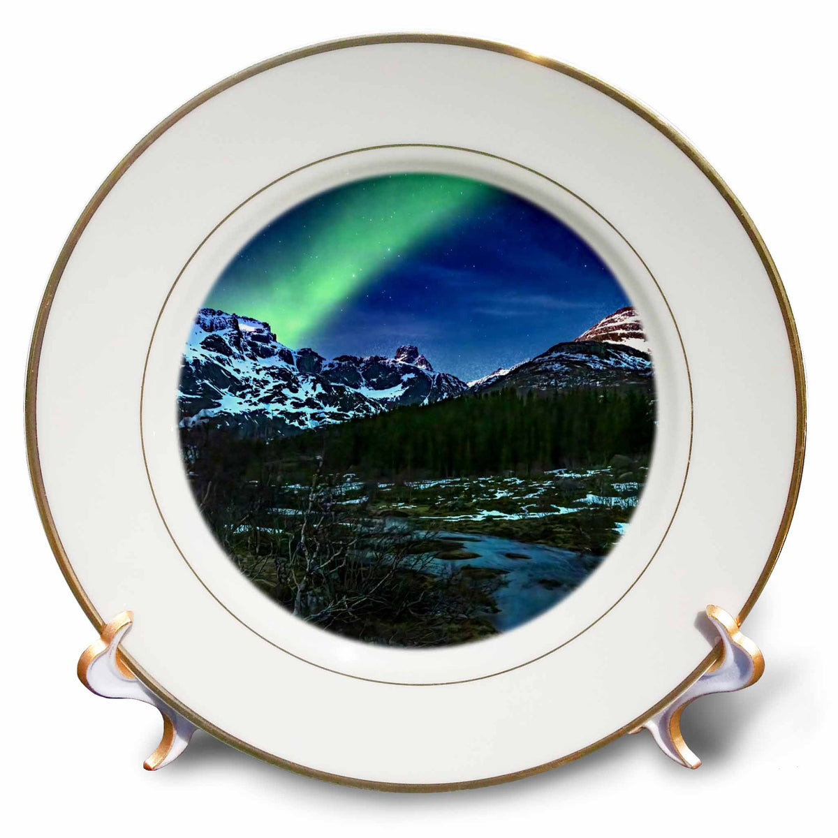 3dRose Norway, Lofoten Islands. Aurora Borealis Above The Road to Nusfjord - Plates (cp-380444)