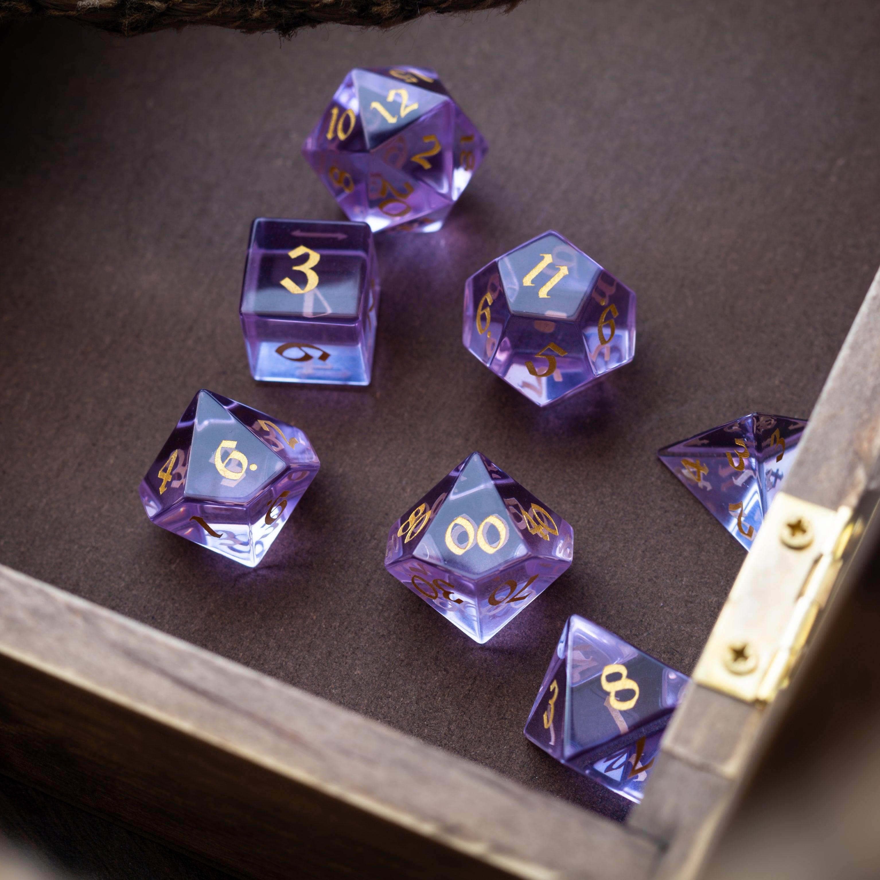 Purple Zircon Glass Hand Carved DND Dice Set | Gemstone Dice | Wiccan Center