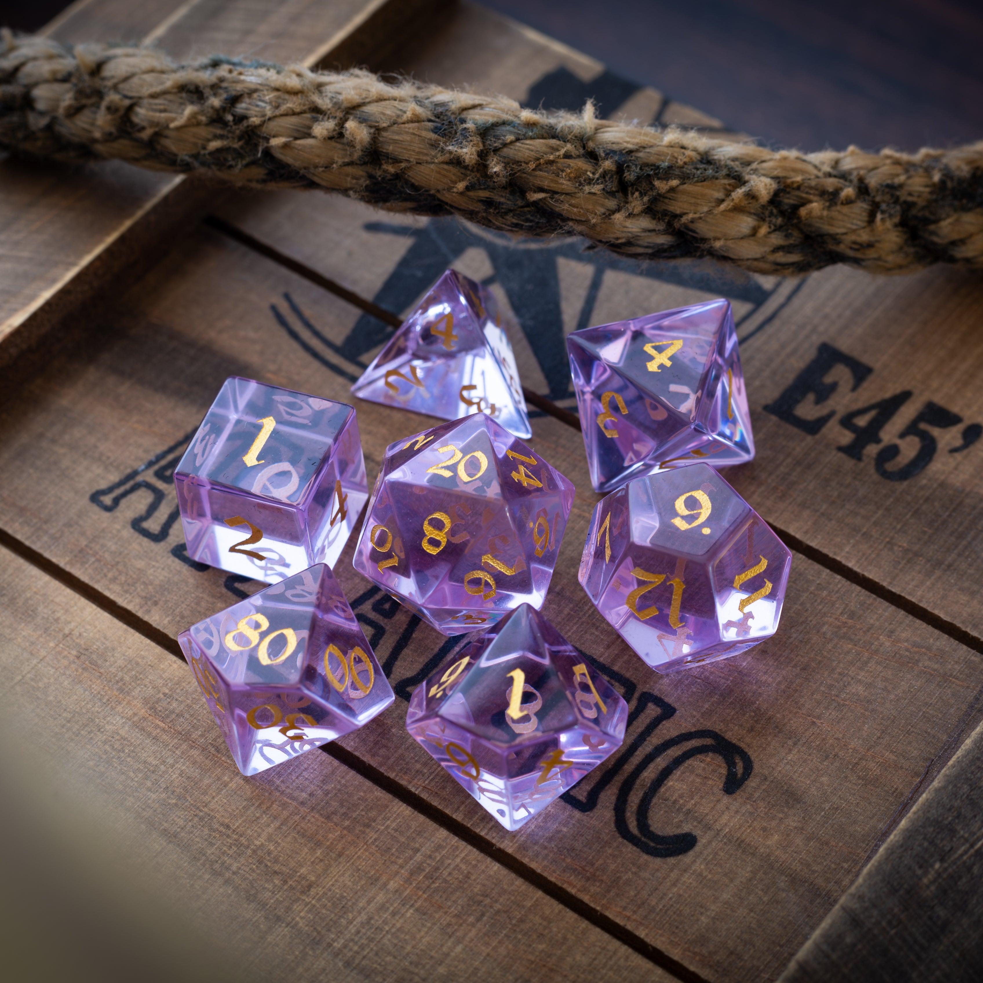 Purple Zircon Glass Hand Carved DND Dice Set | Gemstone Dice | Wiccan Center
