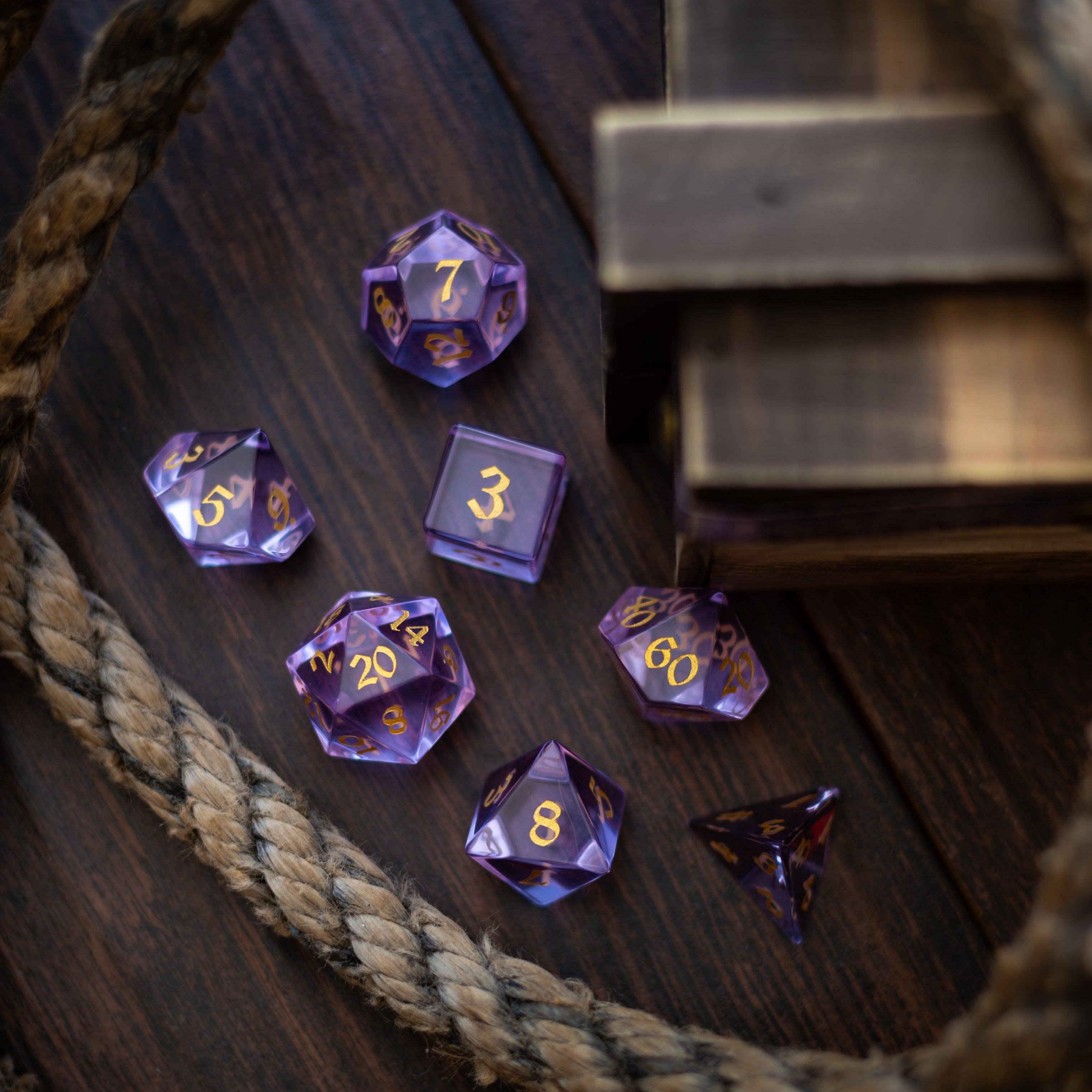 Purple Zircon Glass Hand Carved DND Dice Set | Gemstone Dice | Wiccan Center