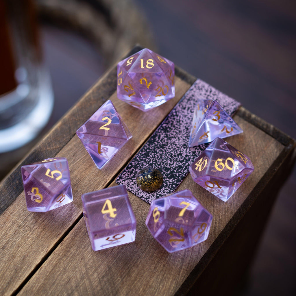 Purple Zircon Glass Hand Carved DND Dice Set | Gemstone Dice | Wiccan Center