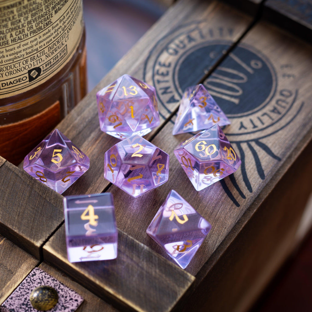 Purple Zircon Glass Hand Carved DND Dice Set | Gemstone Dice | Wiccan Center