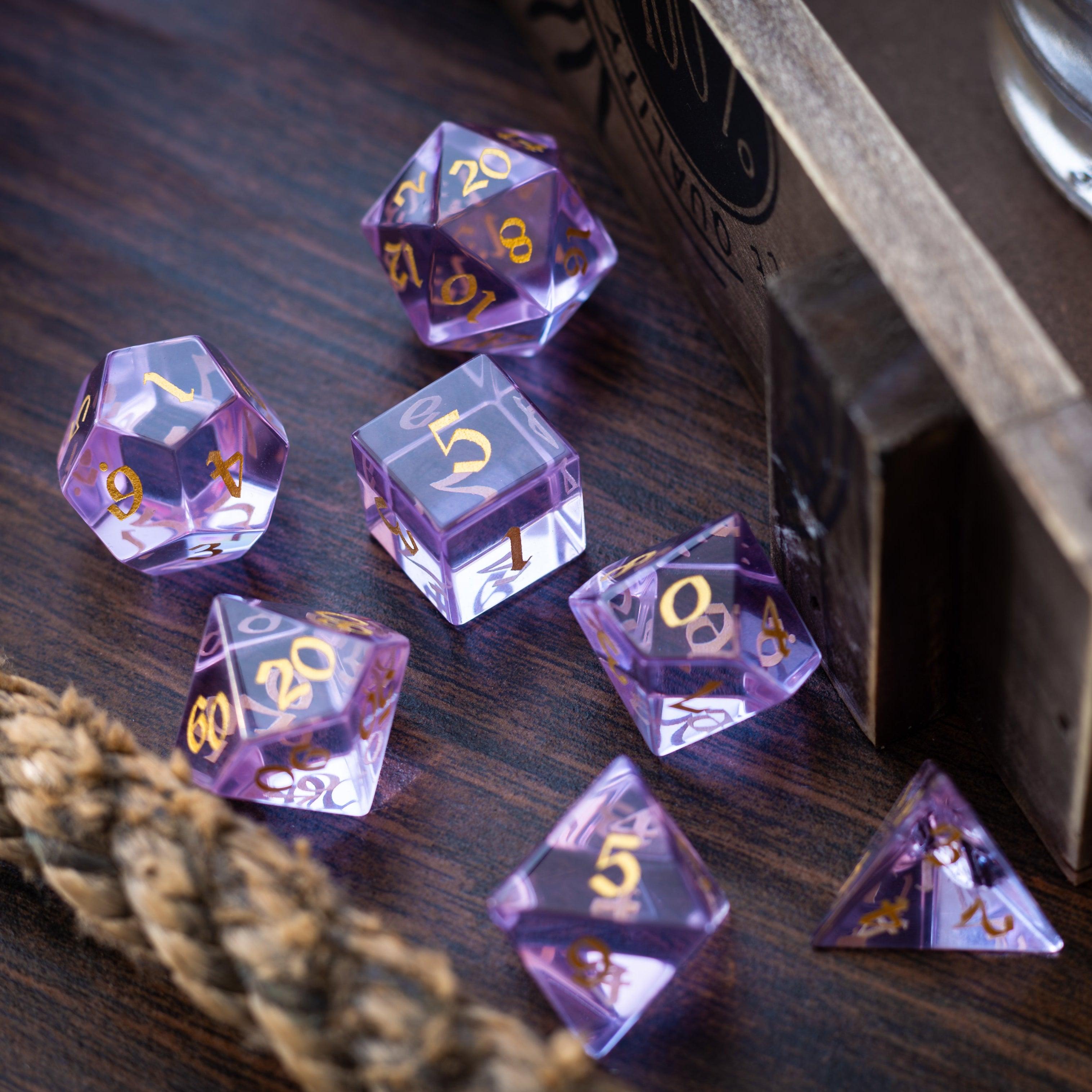 Purple Zircon Glass Hand Carved DND Dice Set | Gemstone Dice | Wiccan Center