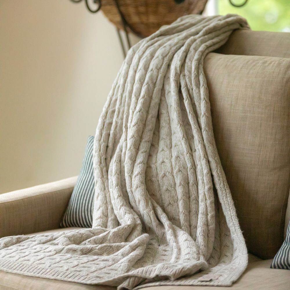 Handloomed Peruvian Pima Cotton & Undyed Baby Alpaca Silver Gray Cable Throw Blanket - Muru Collection | Blanket | Wiccan Center