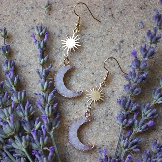 Druzy Crescent Moon Sun Earrings | earrings | Wiccan Center