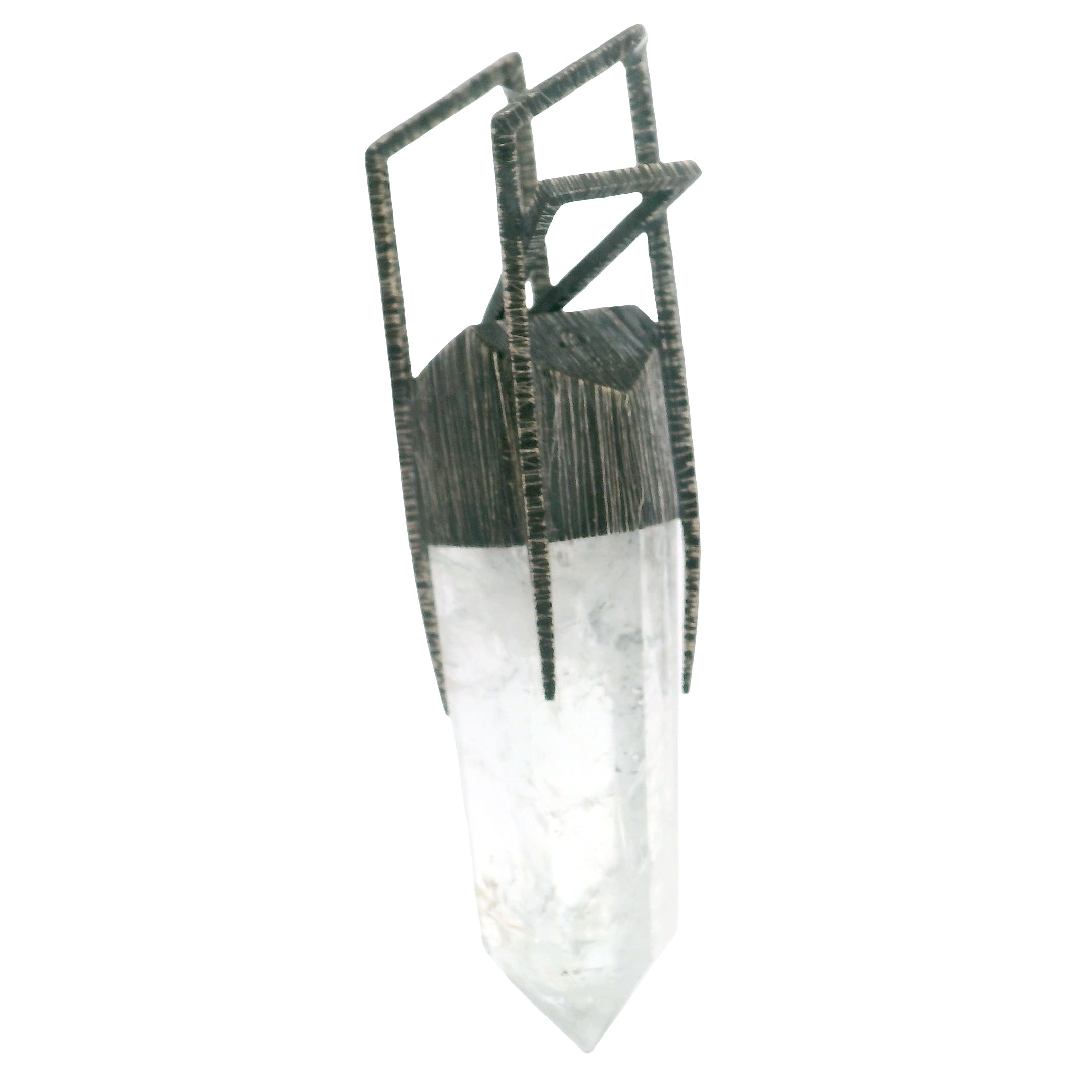 Quartz Crystal Point Pendant in Lantern Bezel Set Oxidized 925 Sterling Silver & H Bridge Bail Design - Organic Shape | Gemstone Jewelry > Pendants | Wiccan Center