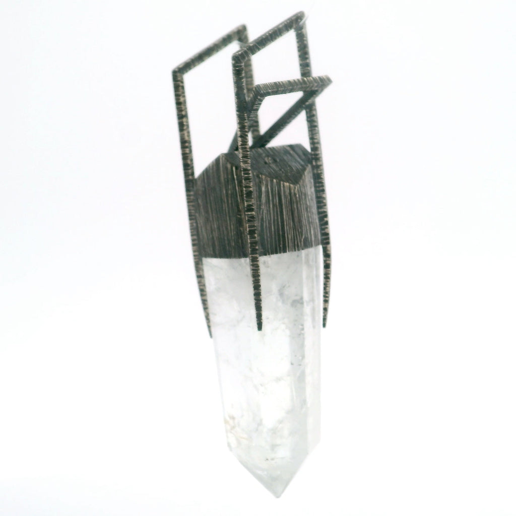 Quartz Crystal Point Pendant in Lantern Bezel Set Oxidized 925 Sterling Silver & H Bridge Bail Design - Organic Shape | Gemstone Jewelry > Pendants | Wiccan Center