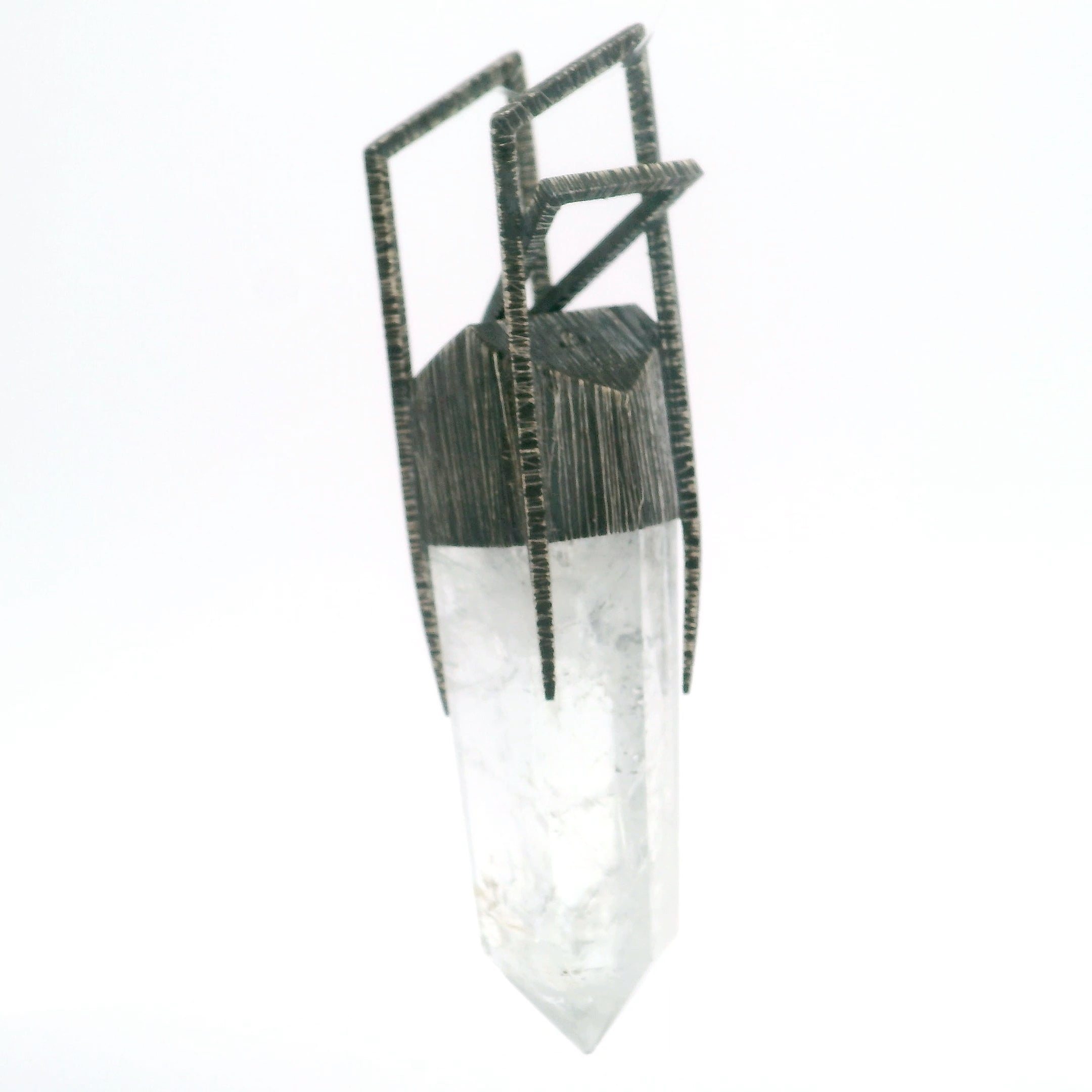 Quartz Crystal Point Pendant in Lantern Bezel Set Oxidized 925 Sterling Silver & H Bridge Bail Design - Organic Shape | Gemstone Jewelry > Pendants | Wiccan Center