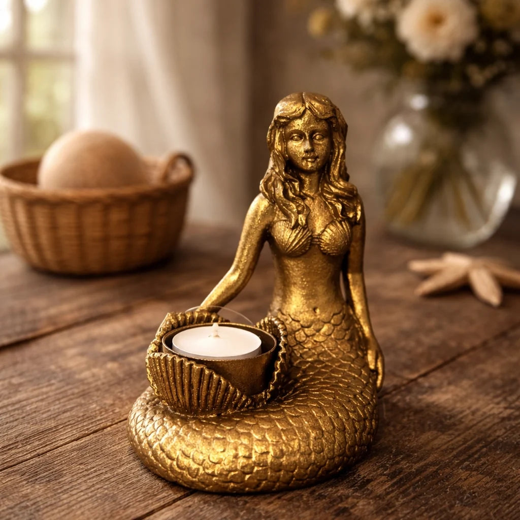 Gold Mermaid Resin Candle Holder | P | Wiccan Center