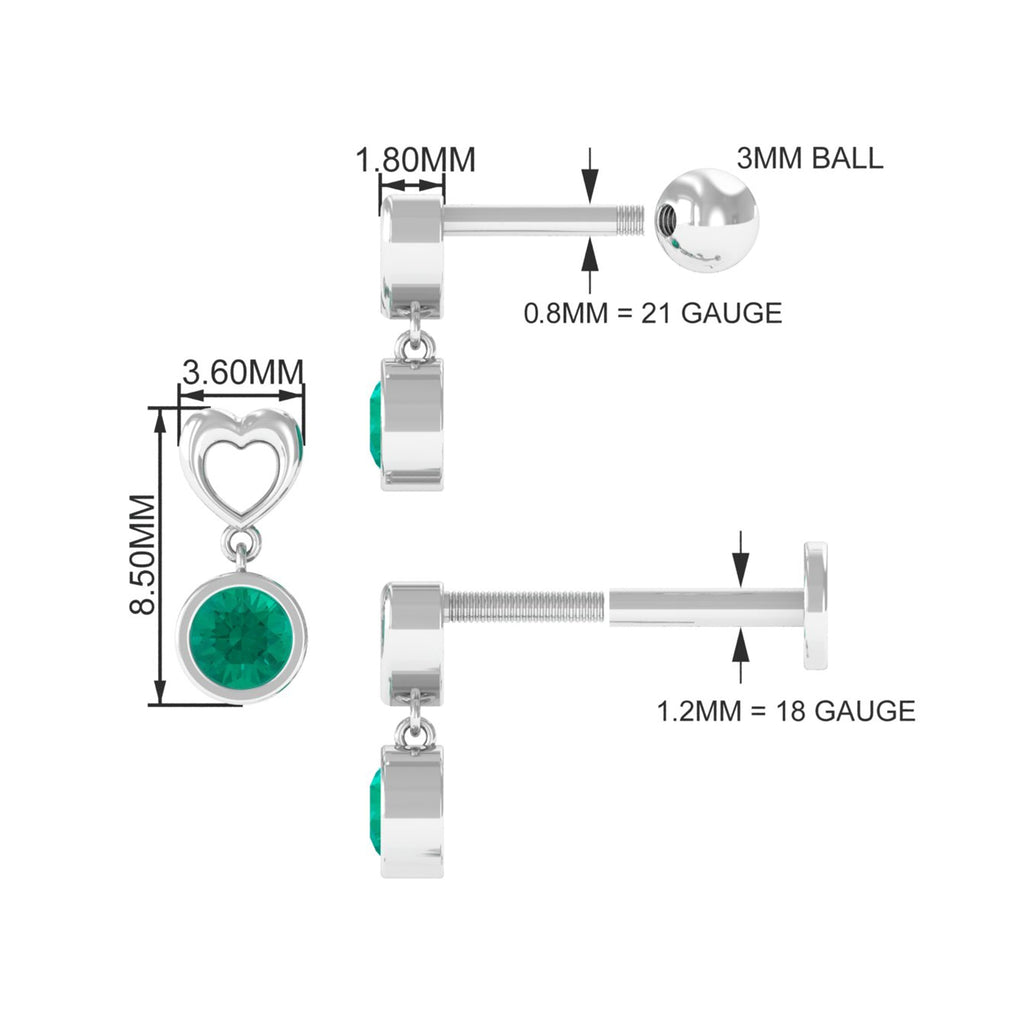 Emerald Heart Drop Earring for Tragus Piercing | Body Jewelry | Wiccan Center