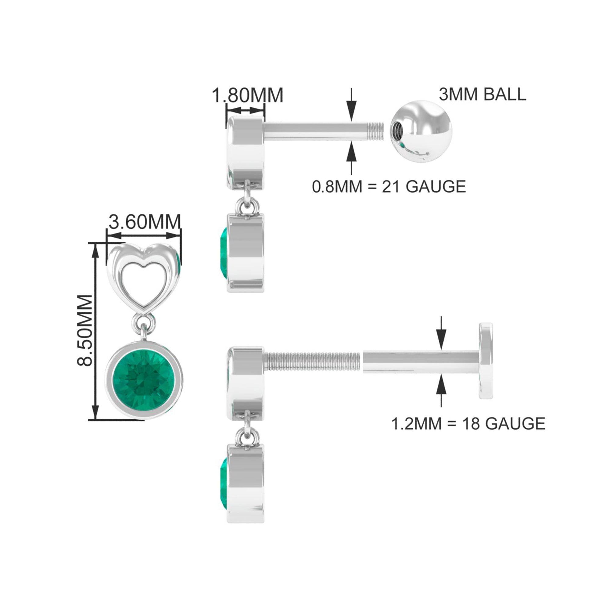 Emerald Heart Drop Earring for Tragus Piercing | Body Jewelry | Wiccan Center