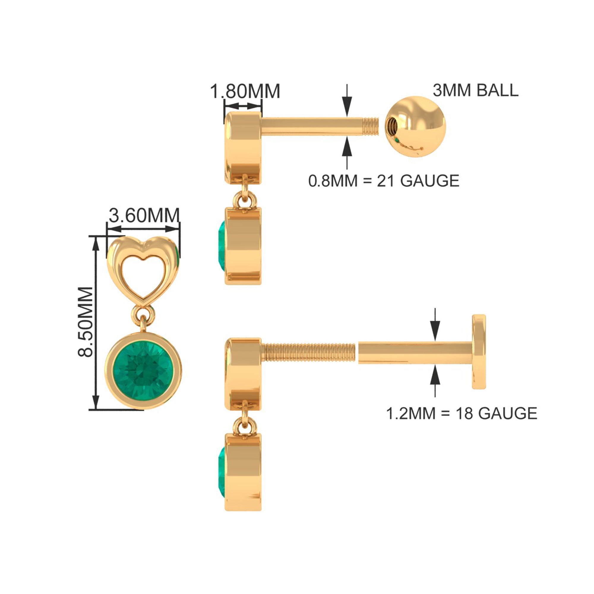 Emerald Heart Drop Earring for Tragus Piercing | Body Jewelry | Wiccan Center