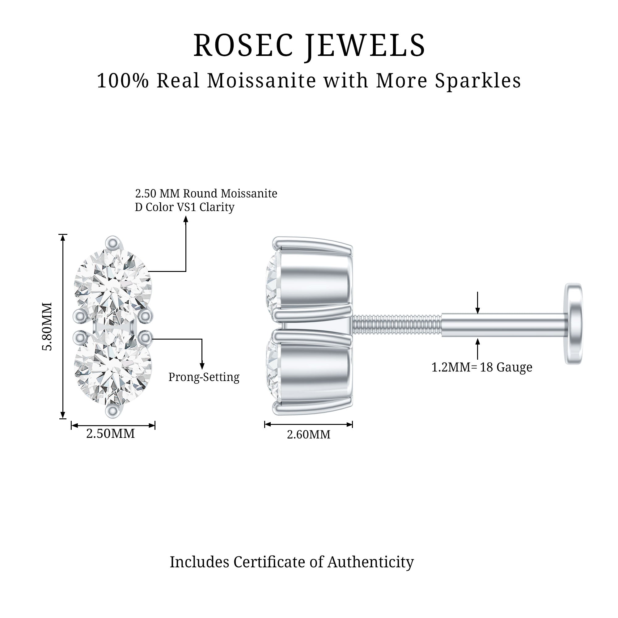 Minimalist Moissanite 2 Stone Earring for Tragus Piercing | Body Jewelry | Wiccan Center