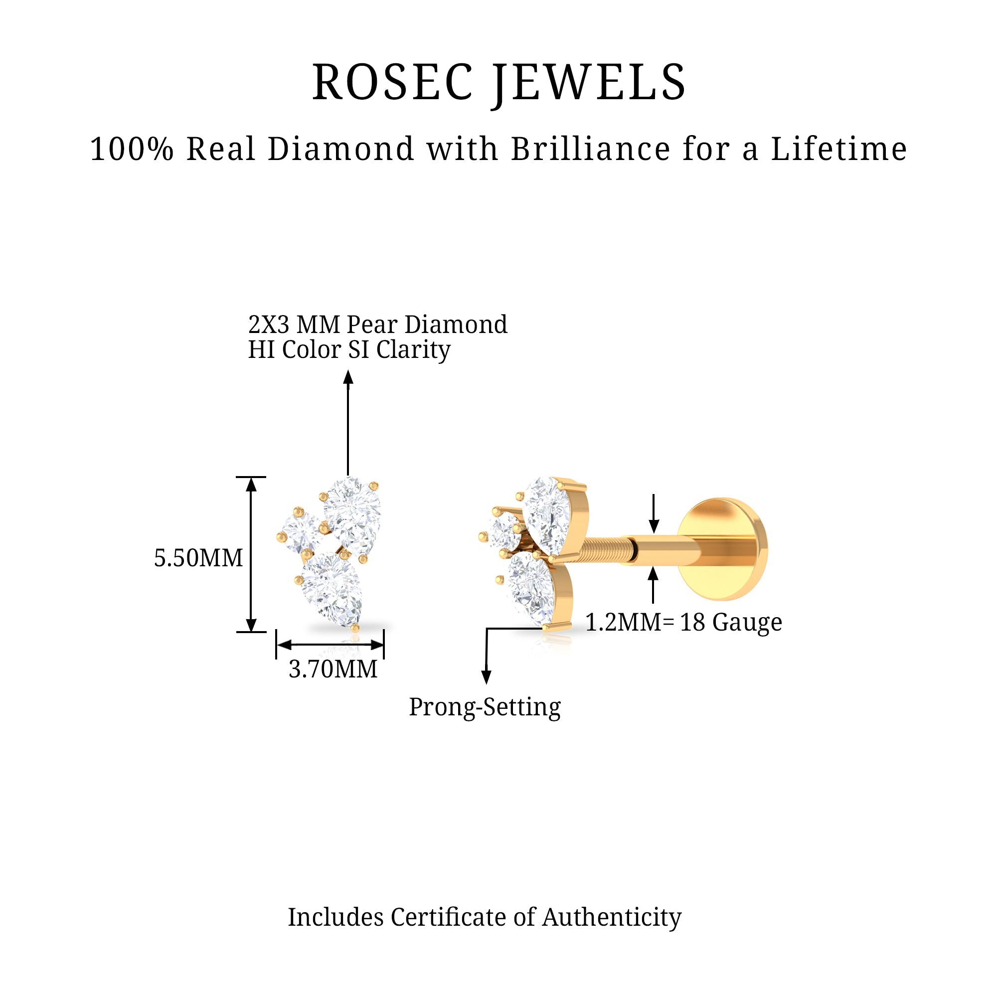 Natural Three Diamond Cluster Tragus Earring | Body Jewelry | Wiccan Center