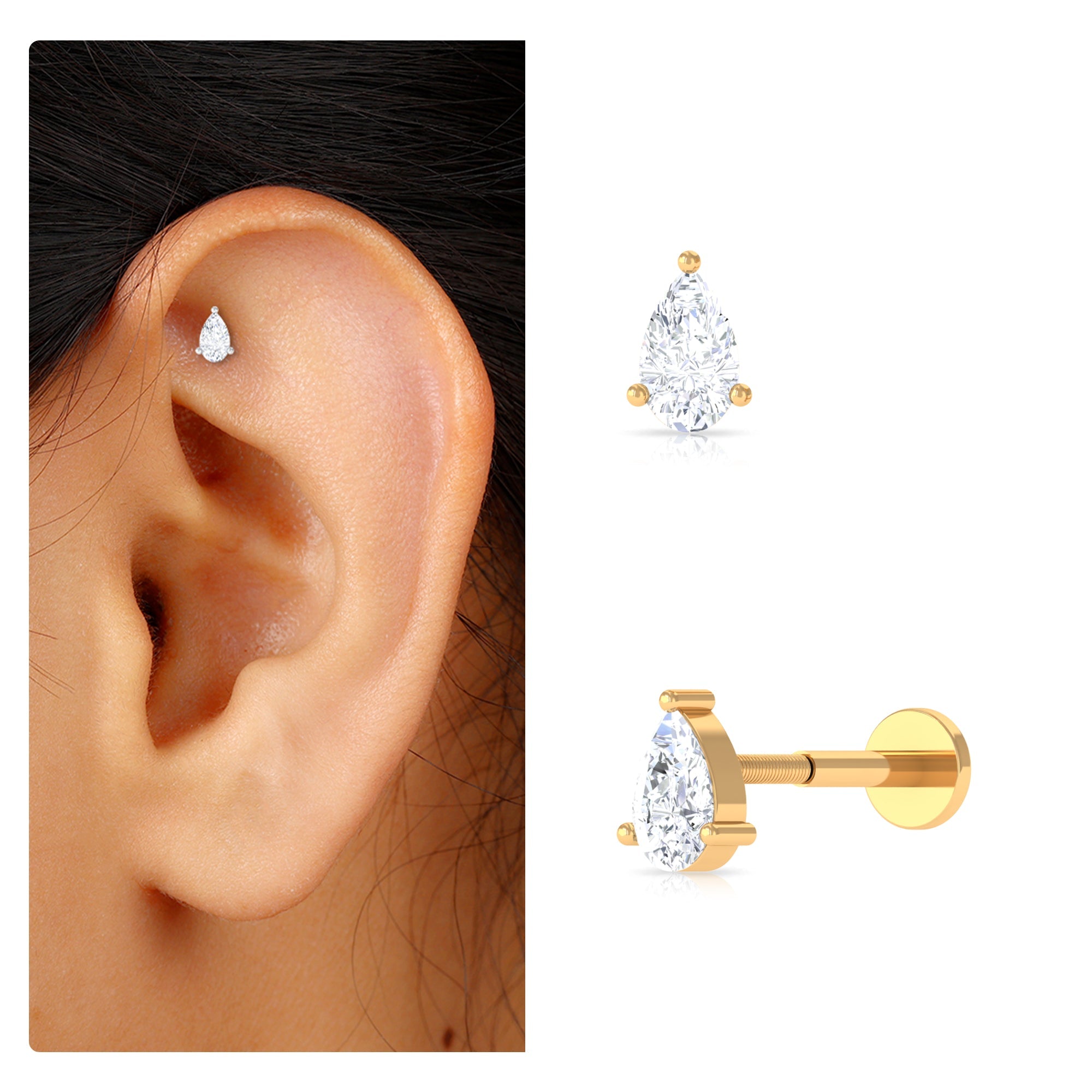 Solitaire Pear Shape Diamond Earring for Tragus Piercing | Body Jewelry | Wiccan Center