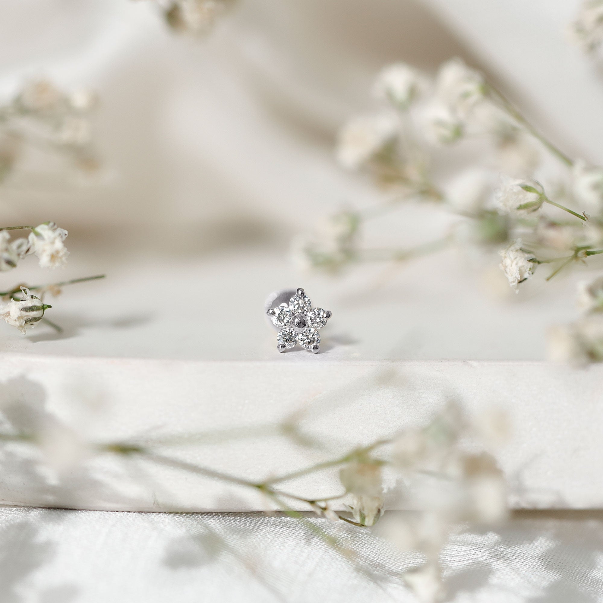 Minimalist Diamond Flower Tragus Earring with Flat Back | Body Jewelry | Wiccan Center