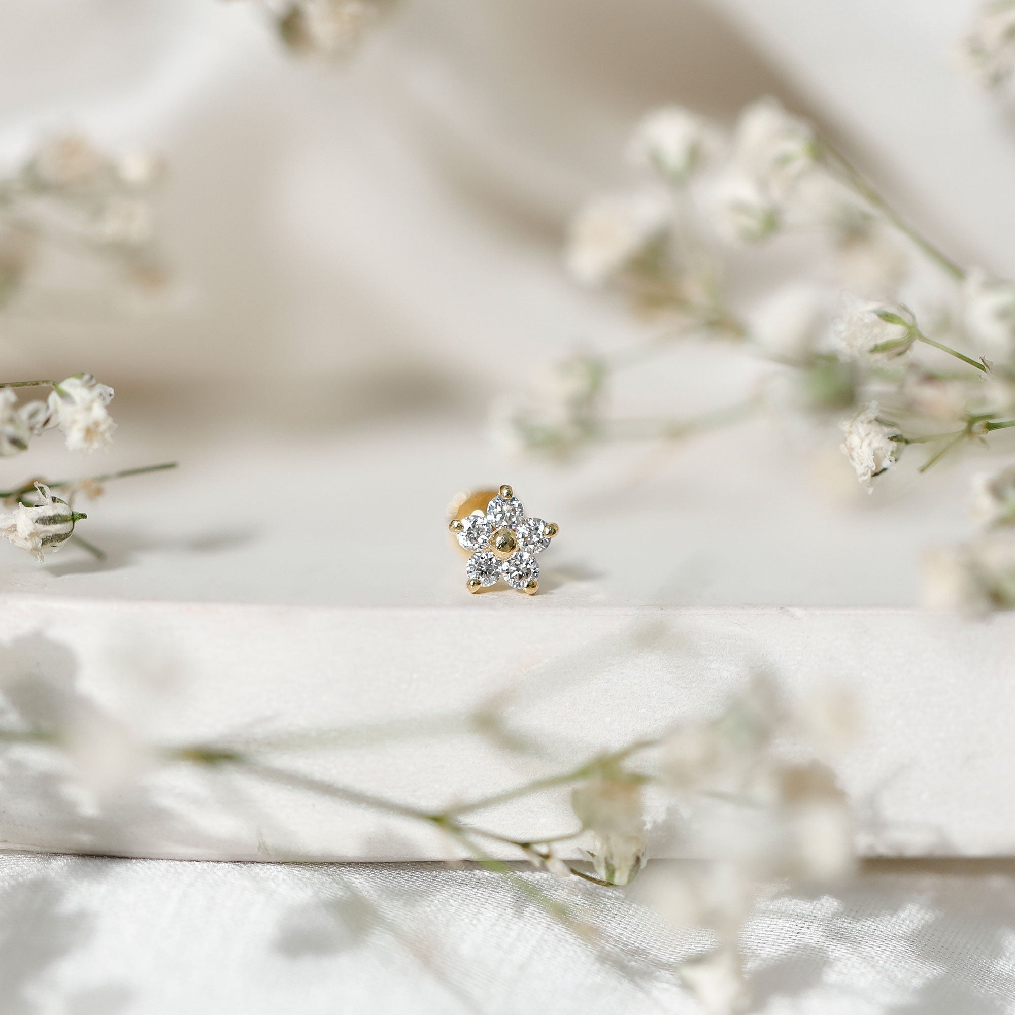 Minimalist Diamond Flower Tragus Earring with Flat Back | Body Jewelry | Wiccan Center