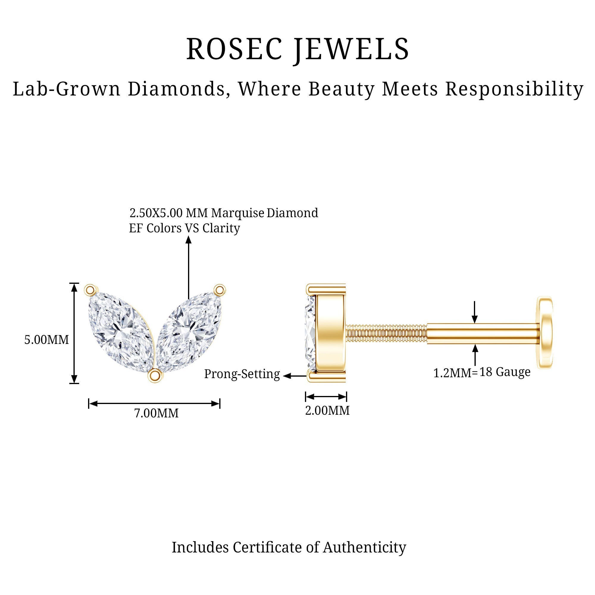 Marquise Diamond Two Stone Earring for Tragus Piercing | Body Jewelry | Wiccan Center
