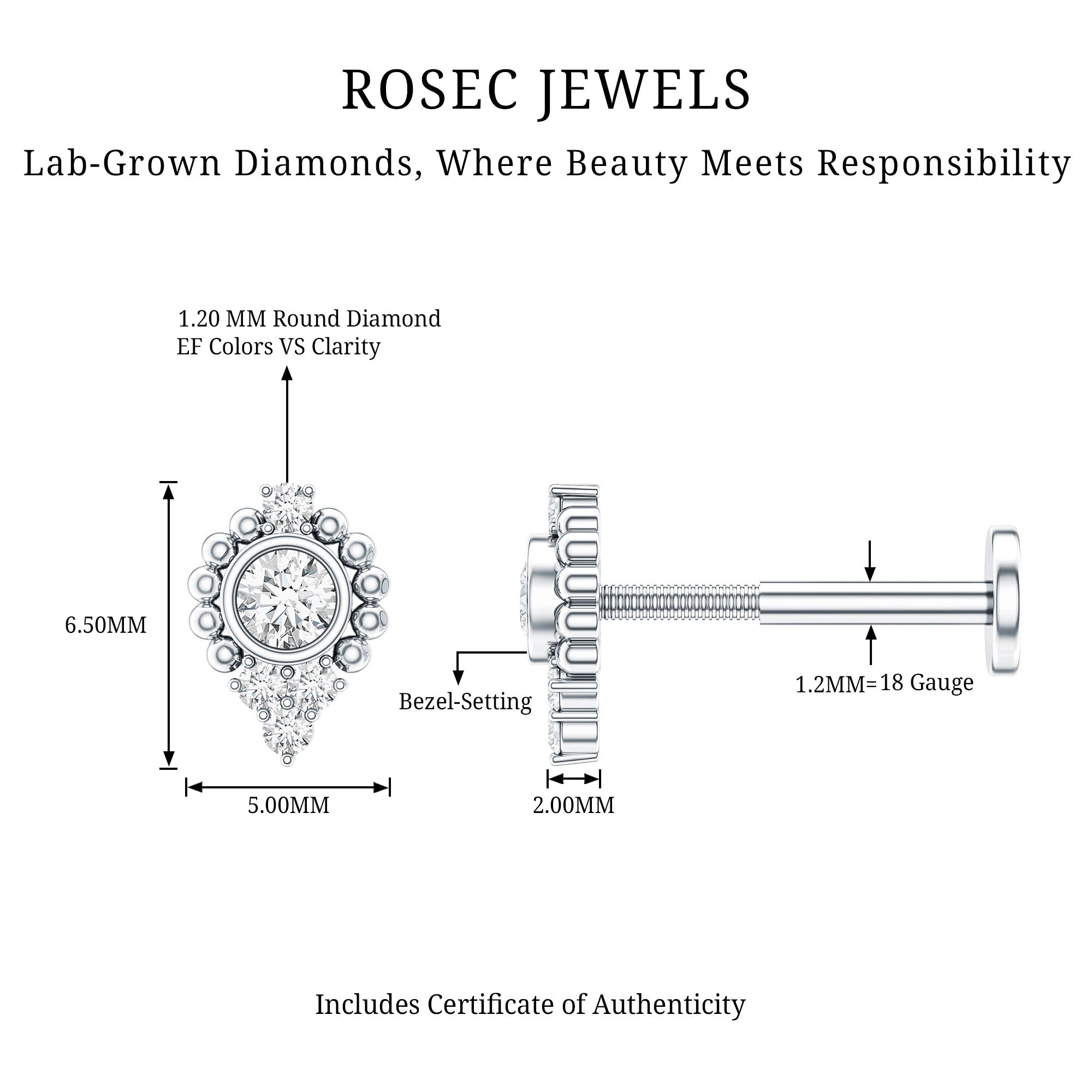 Bezel Set Diamond Minimalist Earring for Tragus Piercing | Body Jewelry | Wiccan Center