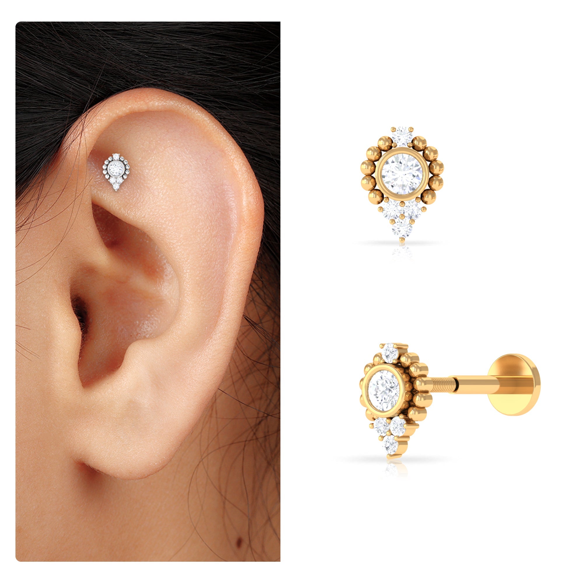 Bezel Set Diamond Minimalist Earring for Tragus Piercing | Body Jewelry | Wiccan Center