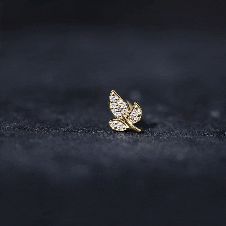 Diamond Leaf Flat Back Cartilage Stud Earring (18G) – Nature Inspired Helix & Tragus Jewelry in Gold | Body Jewelry | Wiccan Center