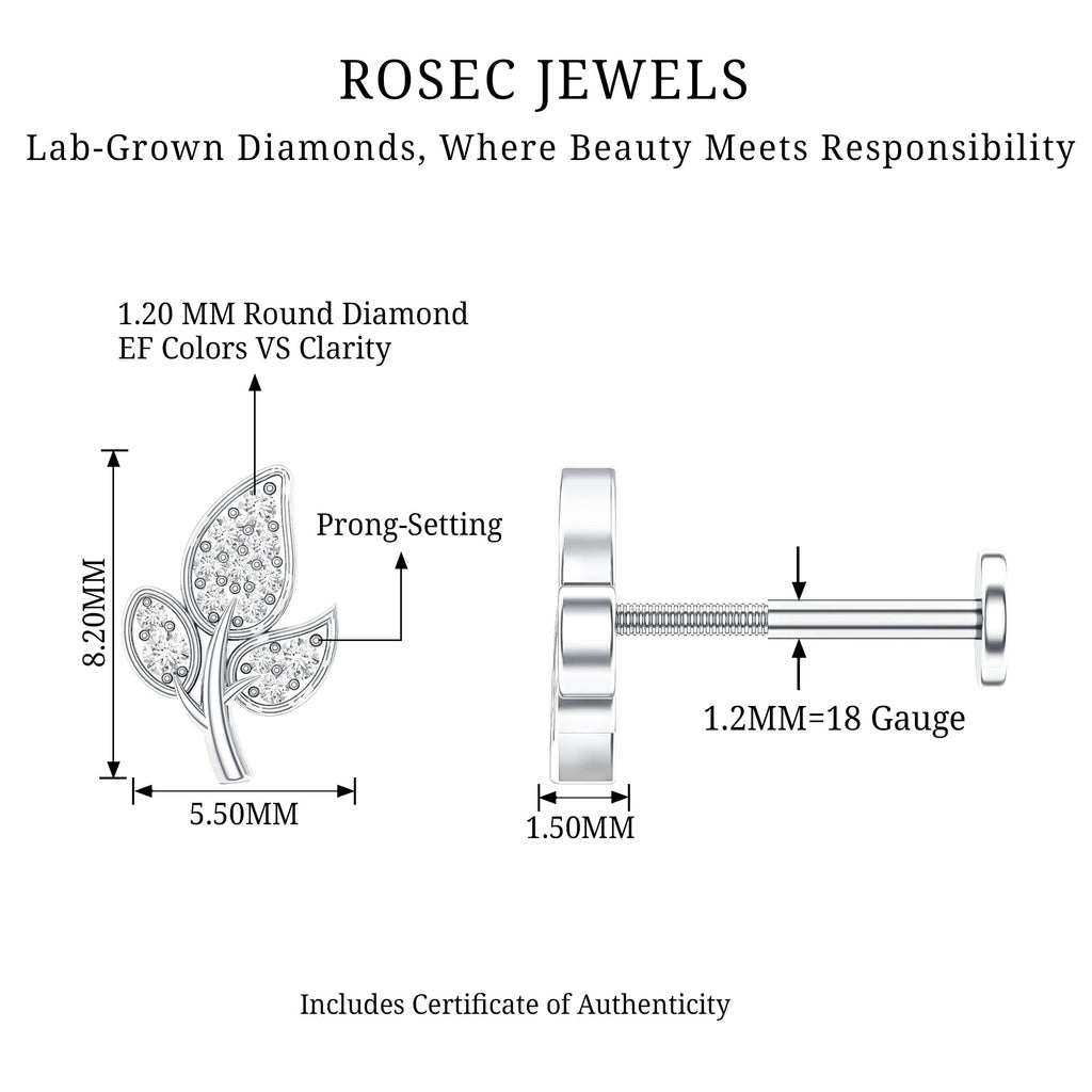 Diamond Leaf Flat Back Cartilage Stud Earring (18G) – Nature Inspired Helix & Tragus Jewelry in Gold | Body Jewelry | Wiccan Center