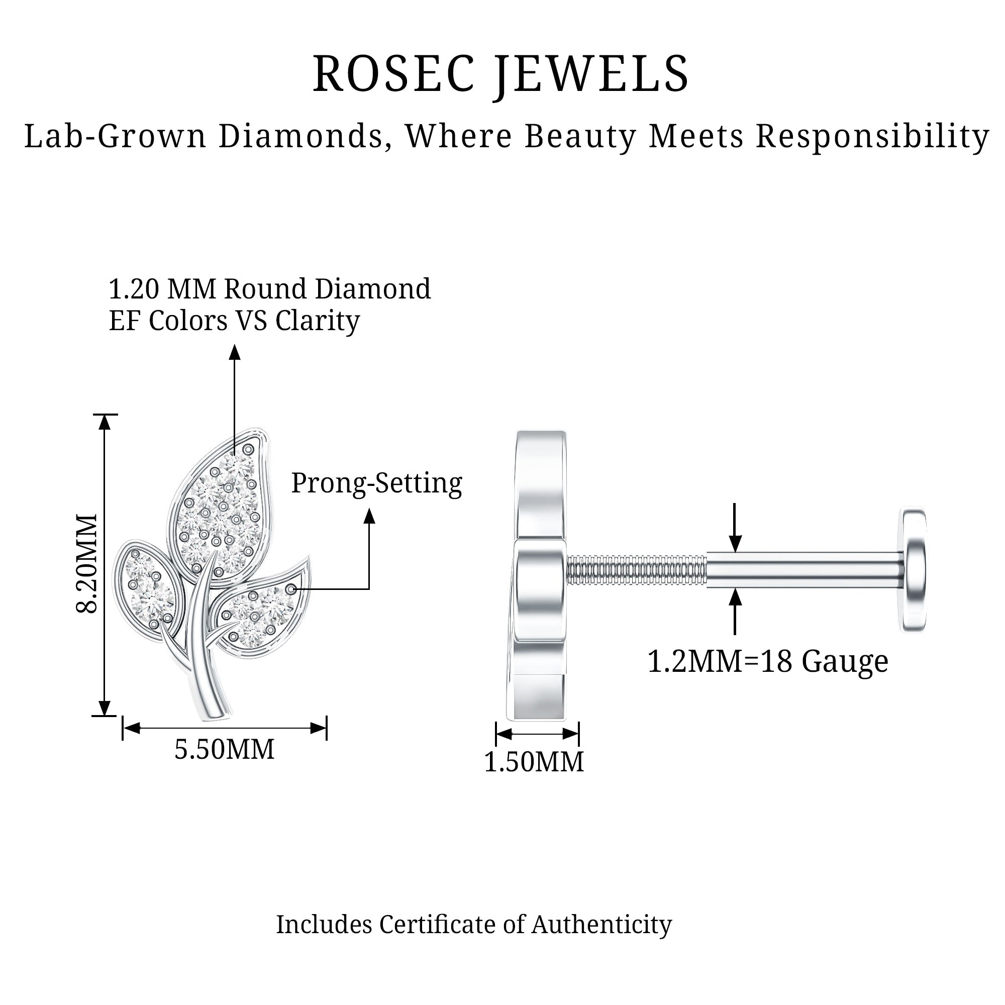 Diamond Leaf Flat Back Cartilage Stud Earring (18G) – Nature Inspired Helix & Tragus Jewelry in Gold | Body Jewelry | Wiccan Center