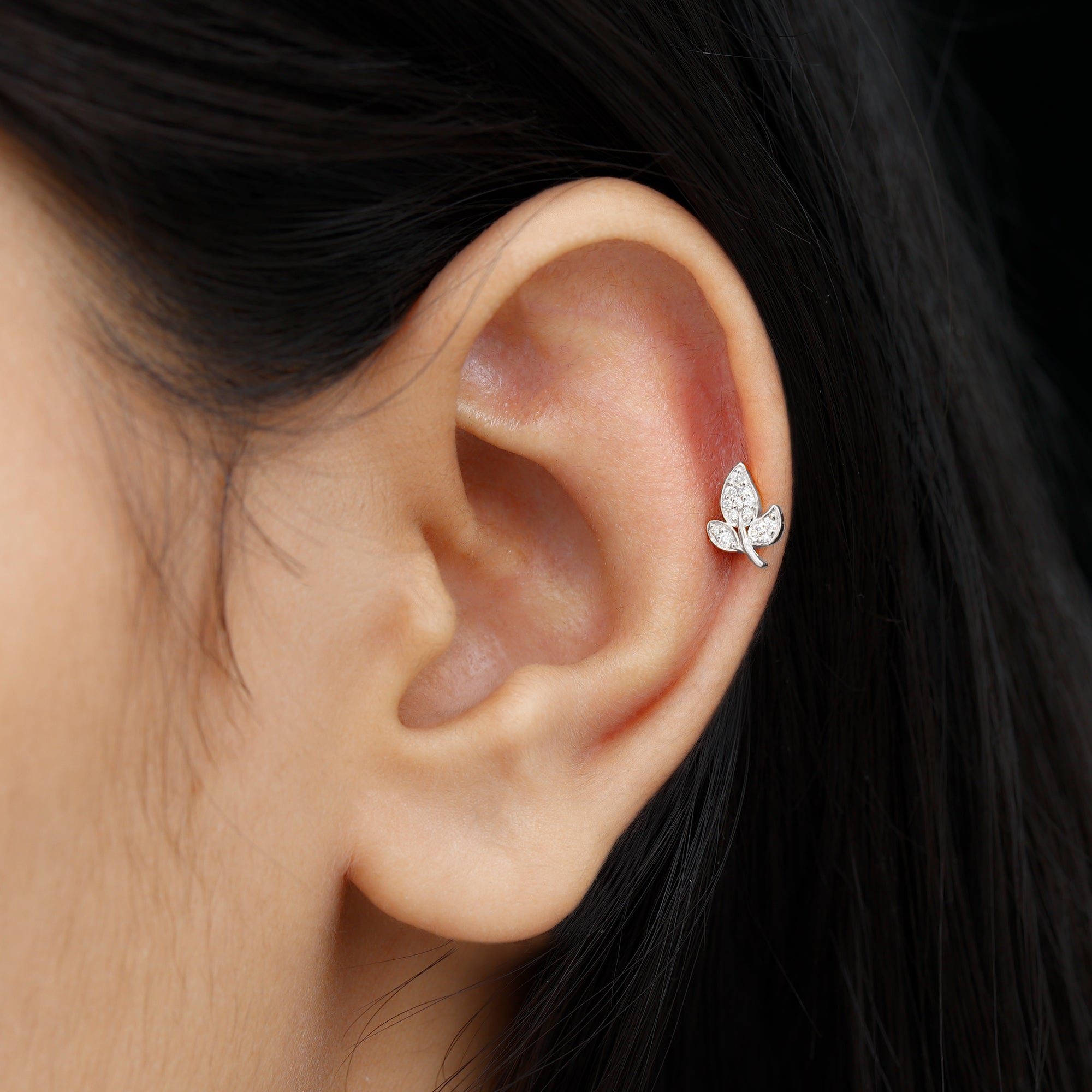Diamond Leaf Flat Back Cartilage Stud Earring (18G) – Nature Inspired Helix & Tragus Jewelry in Gold | Body Jewelry | Wiccan Center