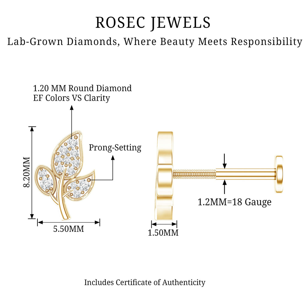 Diamond Leaf Flat Back Cartilage Stud Earring (18G) – Nature Inspired Helix & Tragus Jewelry in Gold | Body Jewelry | Wiccan Center