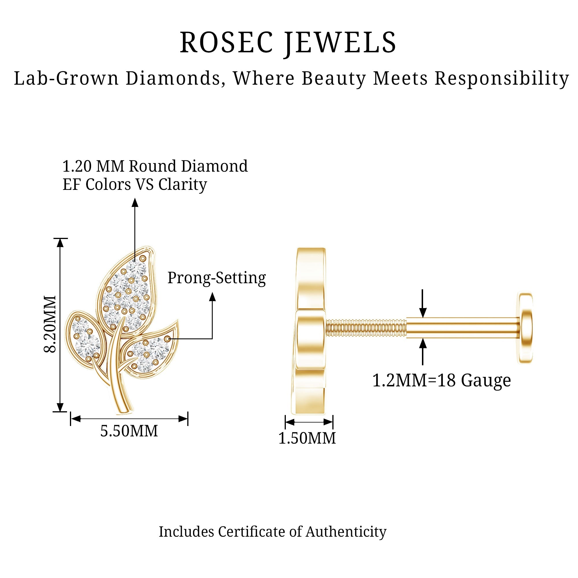 Diamond Leaf Flat Back Cartilage Stud Earring (18G) – Nature Inspired Helix & Tragus Jewelry in Gold | Body Jewelry | Wiccan Center