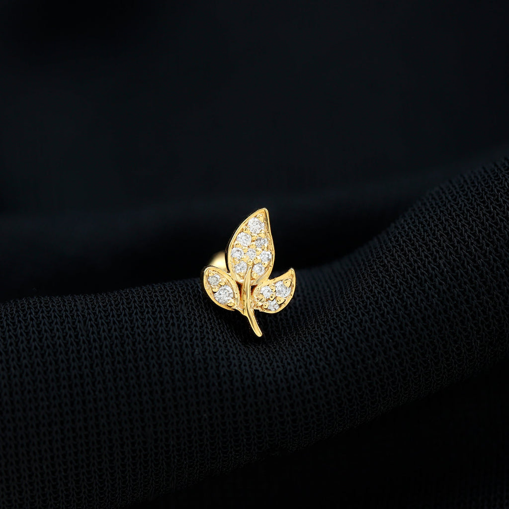 Diamond Leaf Flat Back Cartilage Stud Earring (18G) – Nature Inspired Helix & Tragus Jewelry in Gold | Body Jewelry | Wiccan Center