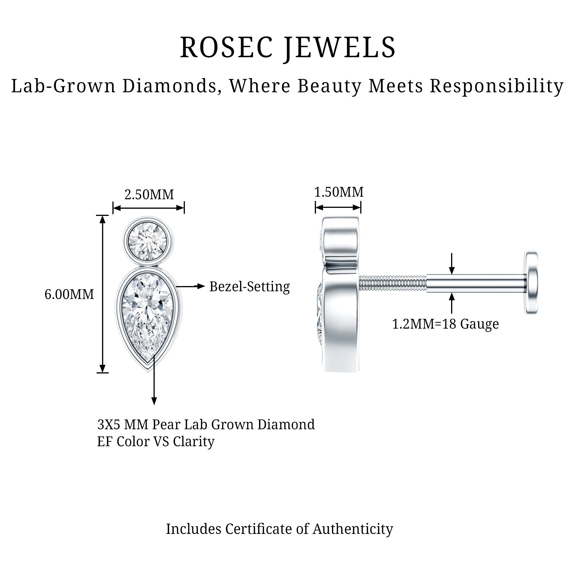 Minimal Pear Diamond Tragus Earring in Bezel Setting | Body Jewelry | Wiccan Center