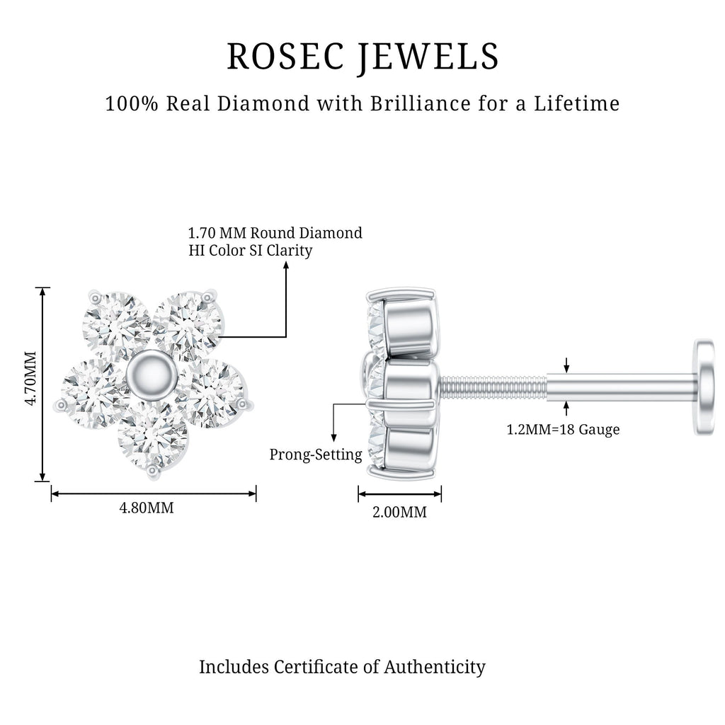 Minimalist Diamond Flower Tragus Earring with Flat Back | Body Jewelry | Wiccan Center