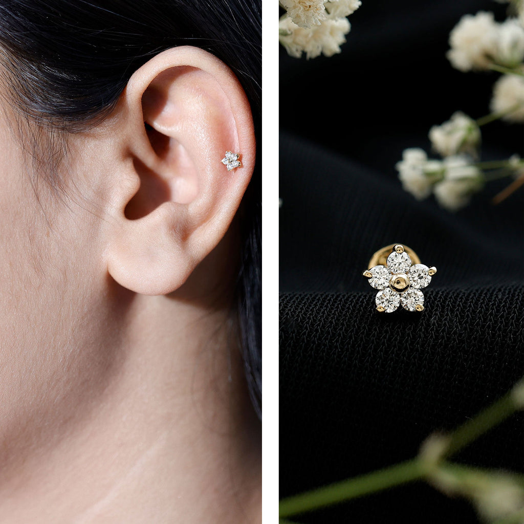 Minimalist Diamond Flower Tragus Earring with Flat Back | Body Jewelry | Wiccan Center